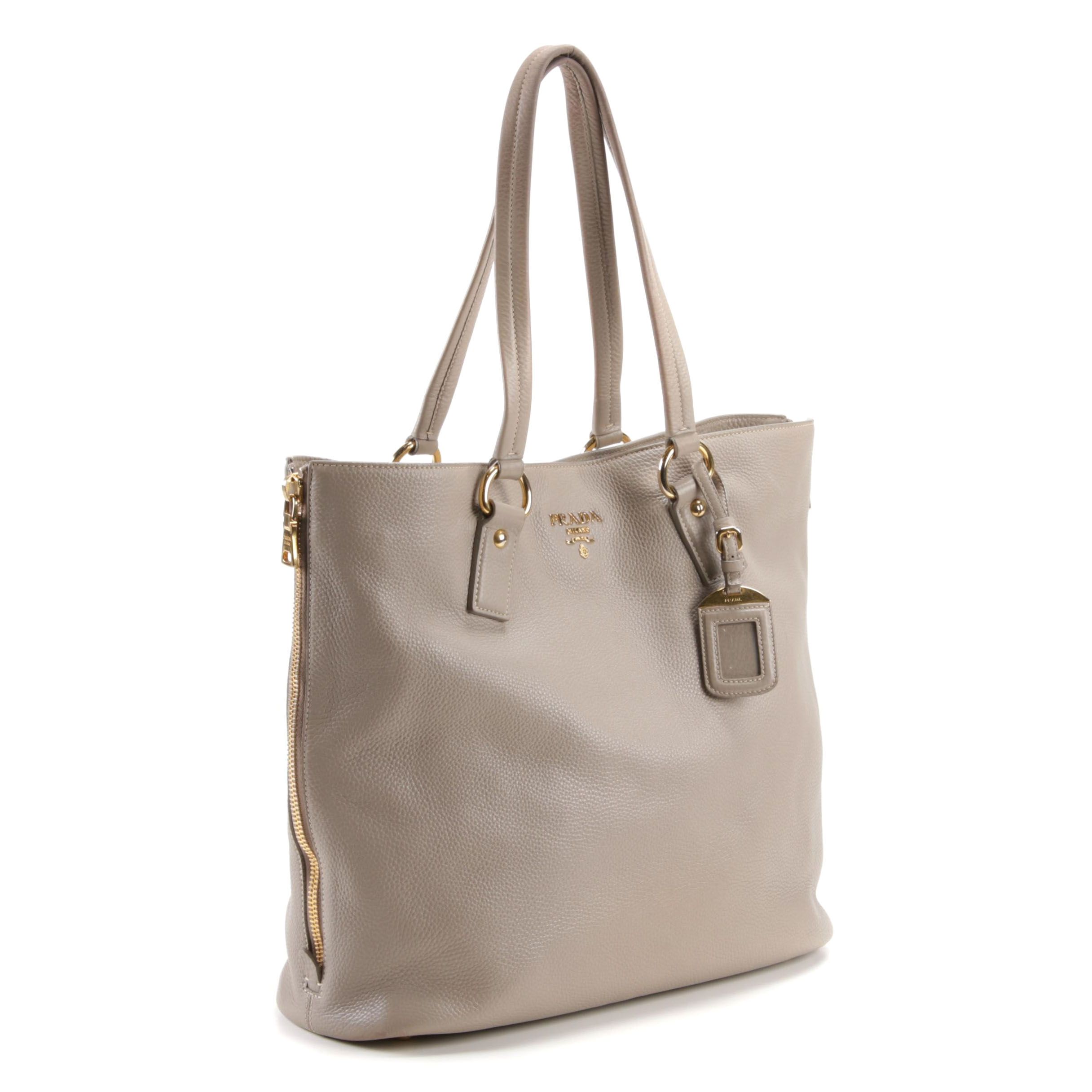 Prada Vitello Daino Leather Tote Shoulder Bag in Light Grey