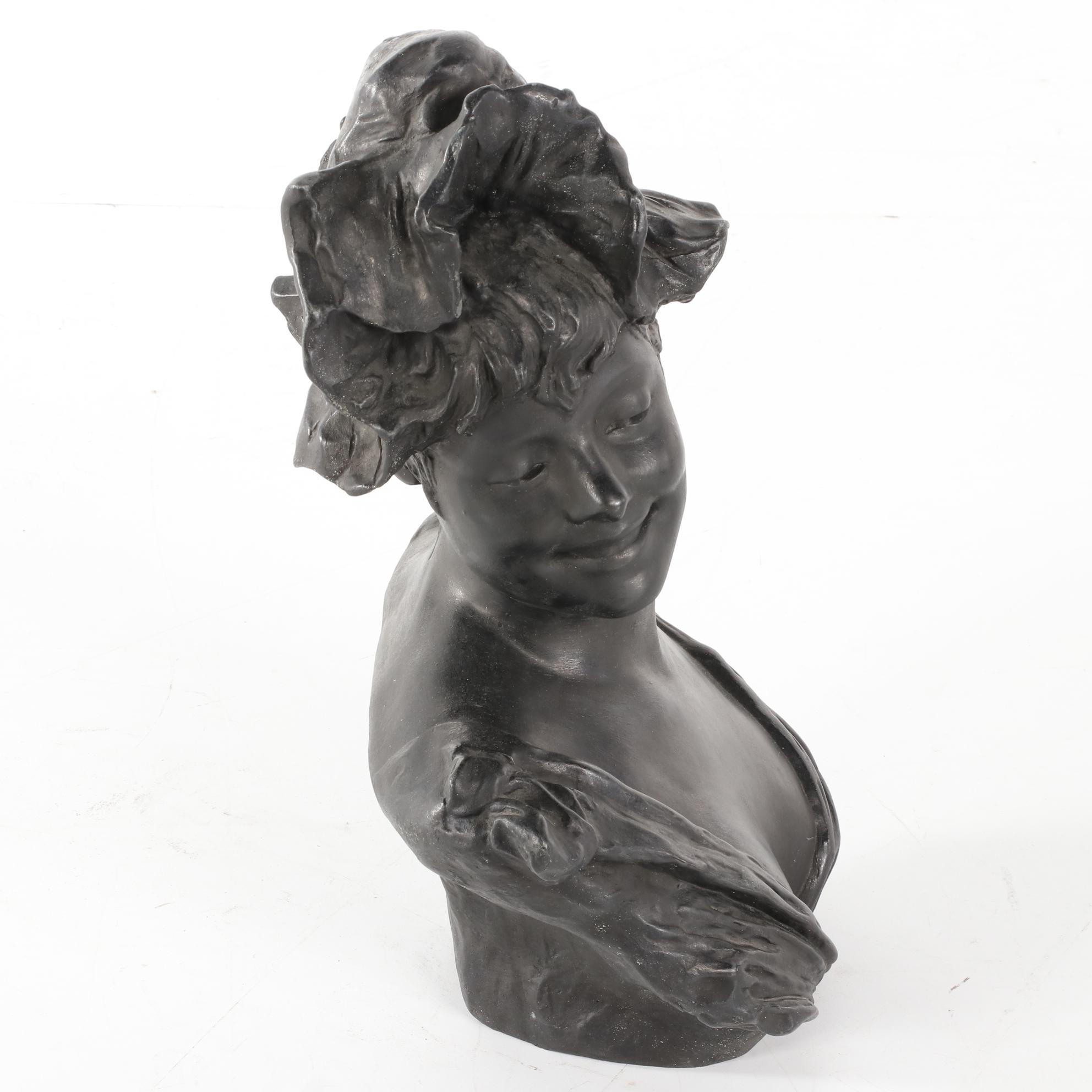 Cast Iron Sculpture after Georges van der Straeten Bust of a Woman