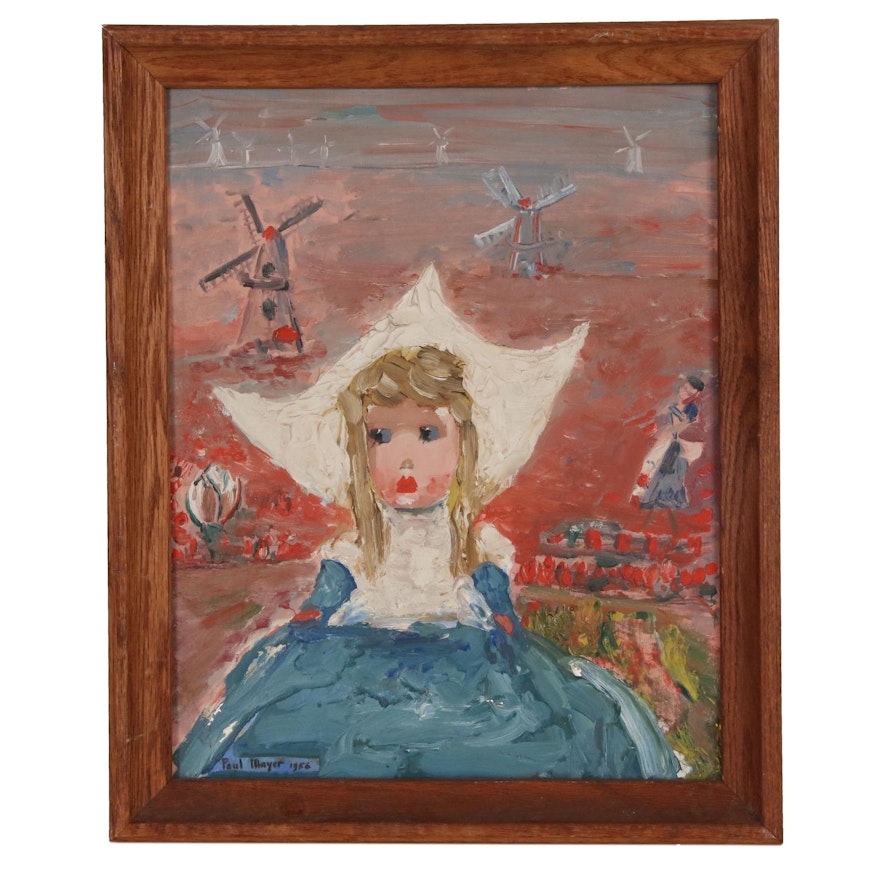 Paul Mayer Folk Portrait Oil Painting of Dutch Girl, 1956