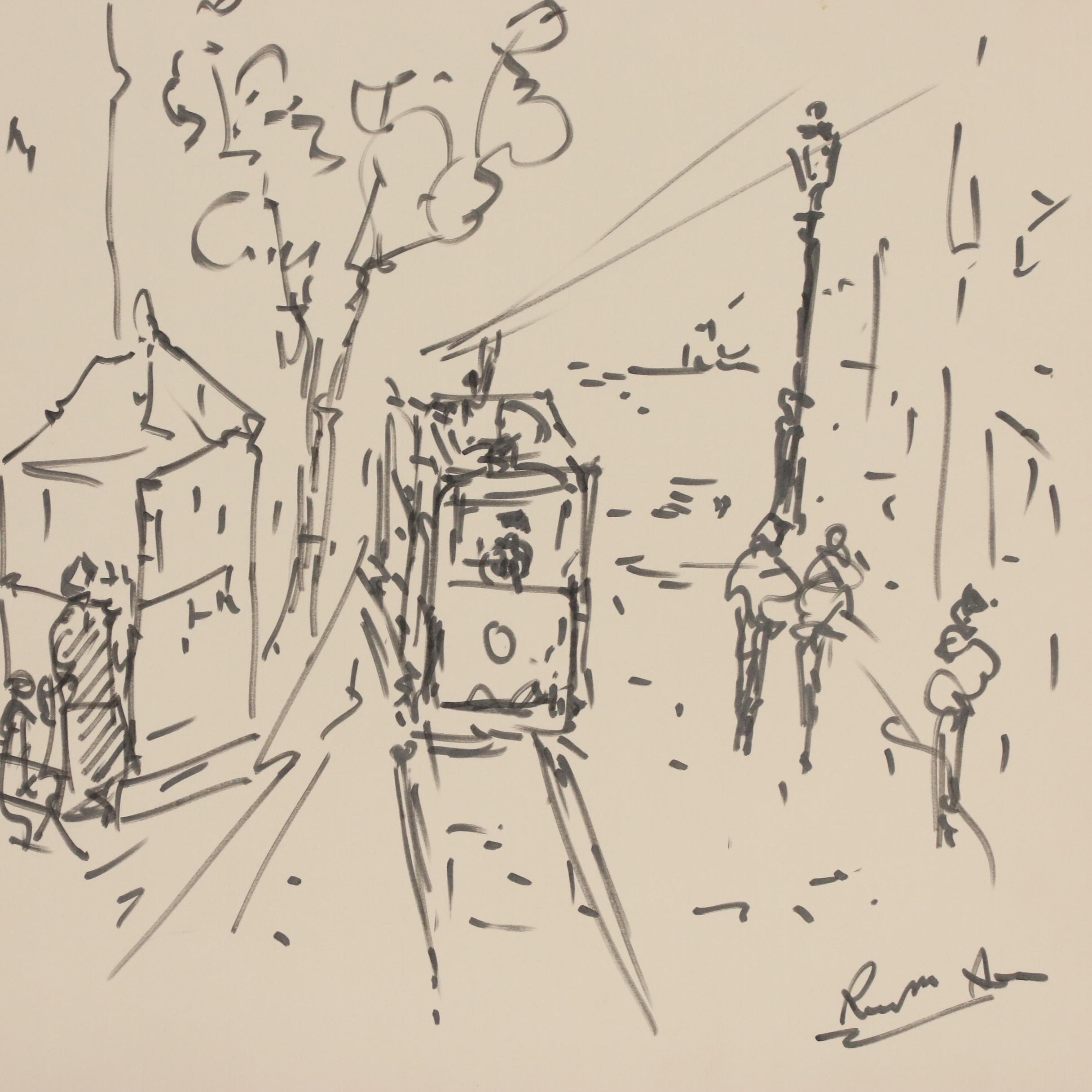 Peter Max Double-Sided Ink Drawing of Trolly and Boat