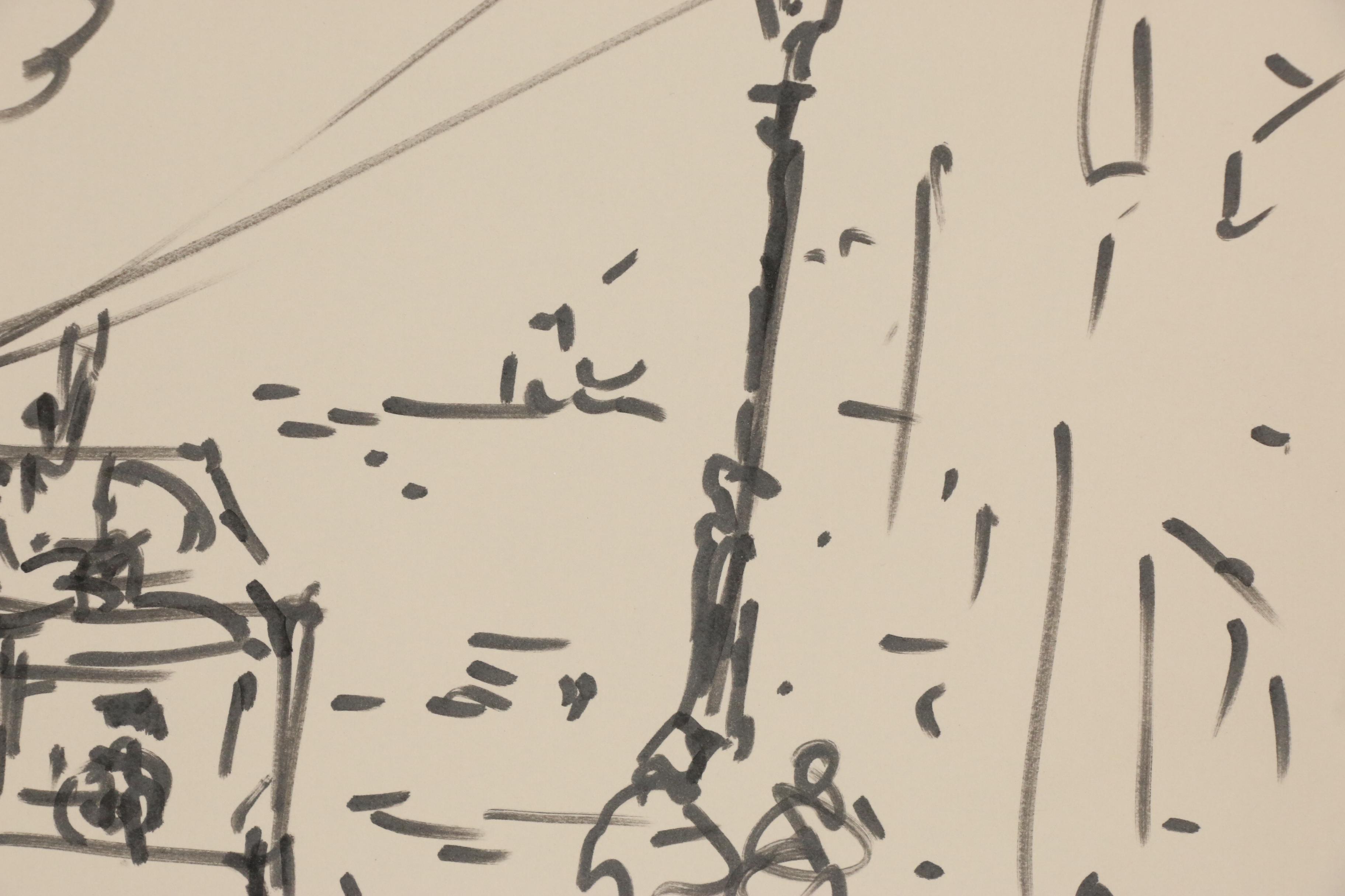 Peter Max Double-Sided Ink Drawing of Trolly and Boat