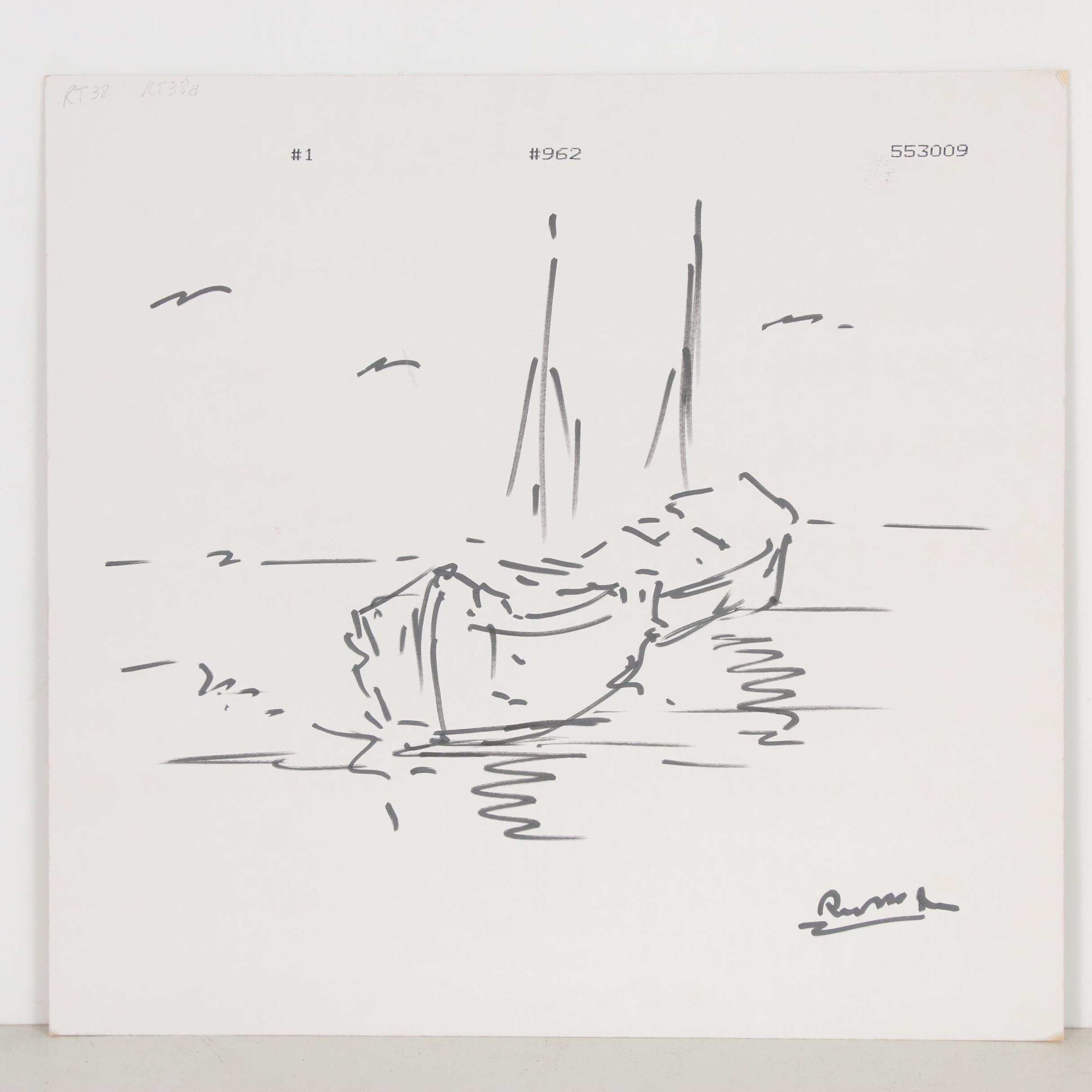 Peter Max Double-Sided Ink Drawing of Trolly and Boat