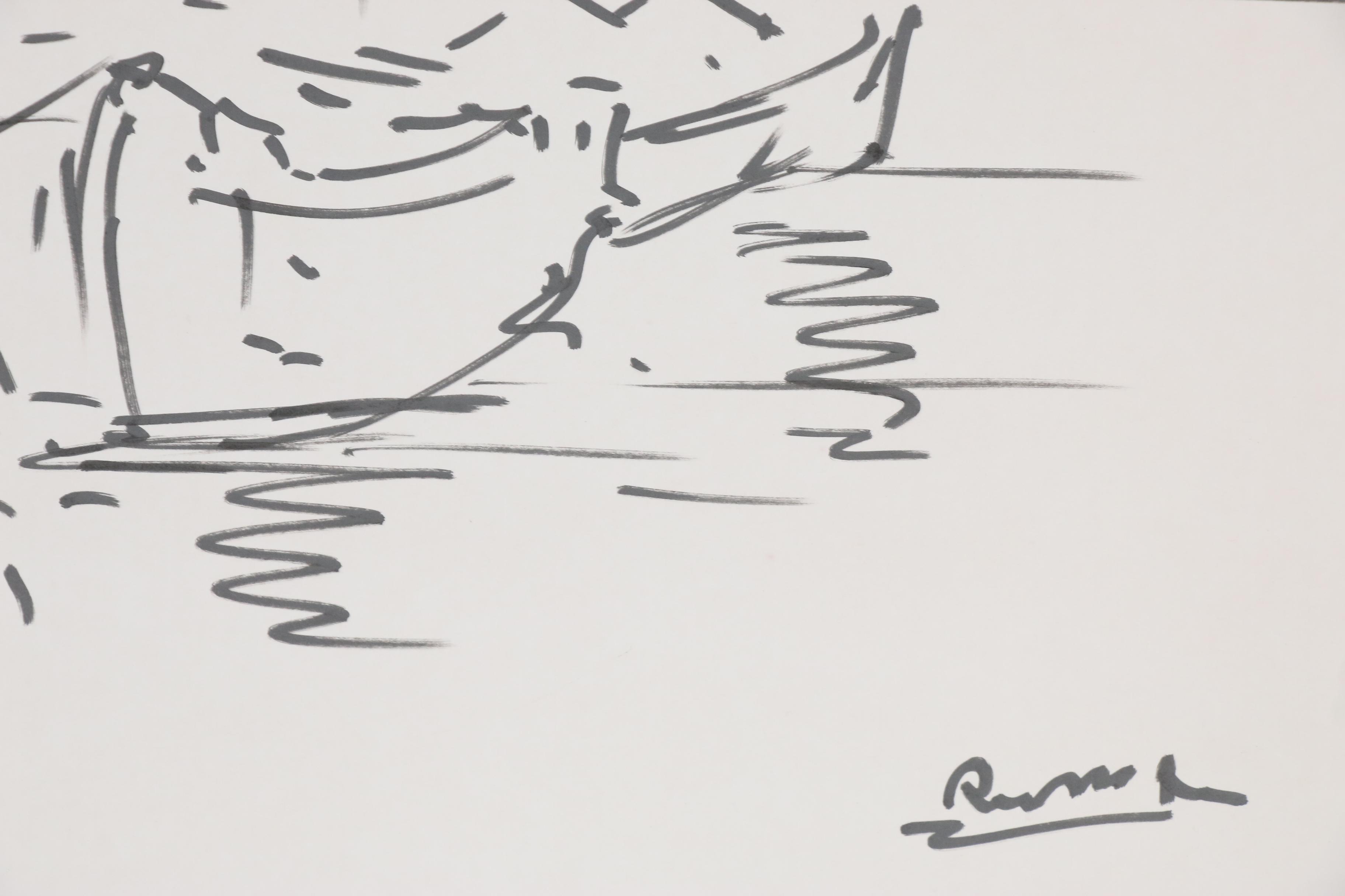 Peter Max Double-Sided Ink Drawing of Trolly and Boat