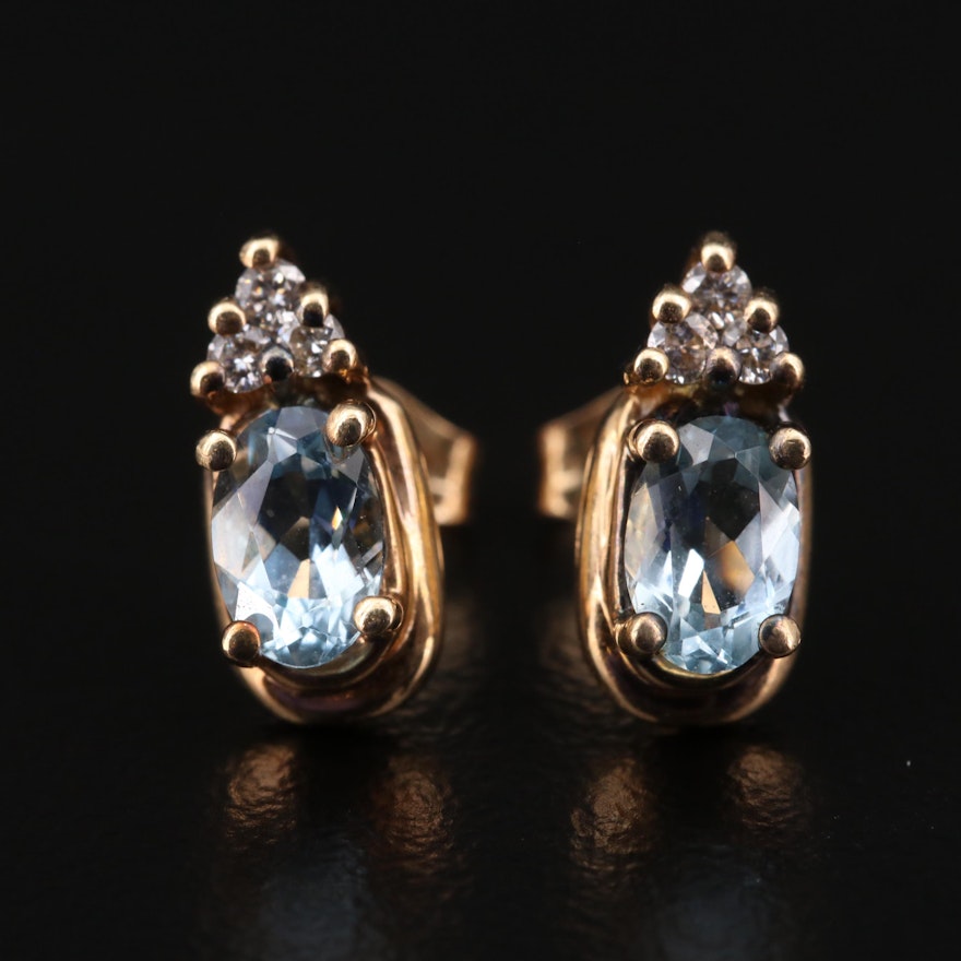 14K Yellow Gold Aquamarine and Diamond Stud Earrings