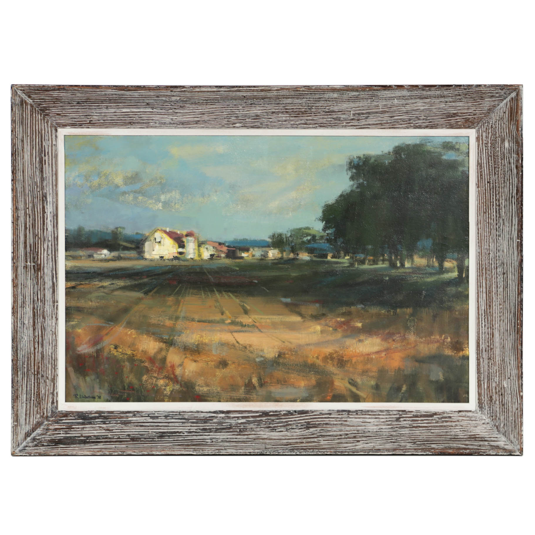 R. Lindstrom Impressionist Farm Landscape Oil Painting, 1956