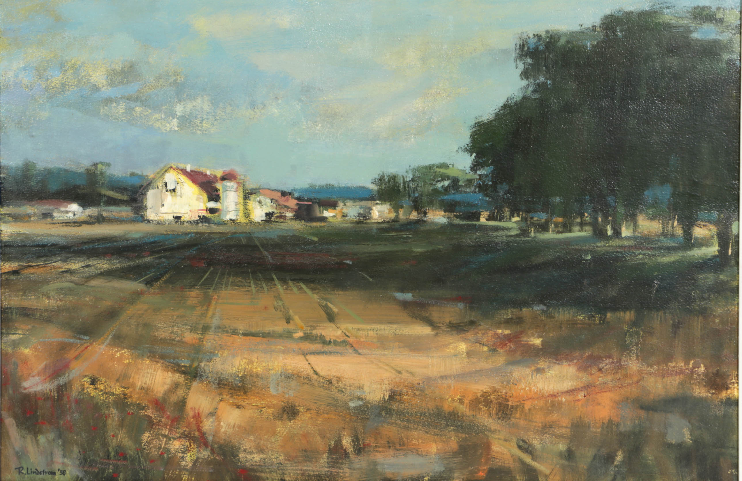 R. Lindstrom Impressionist Farm Landscape Oil Painting, 1956