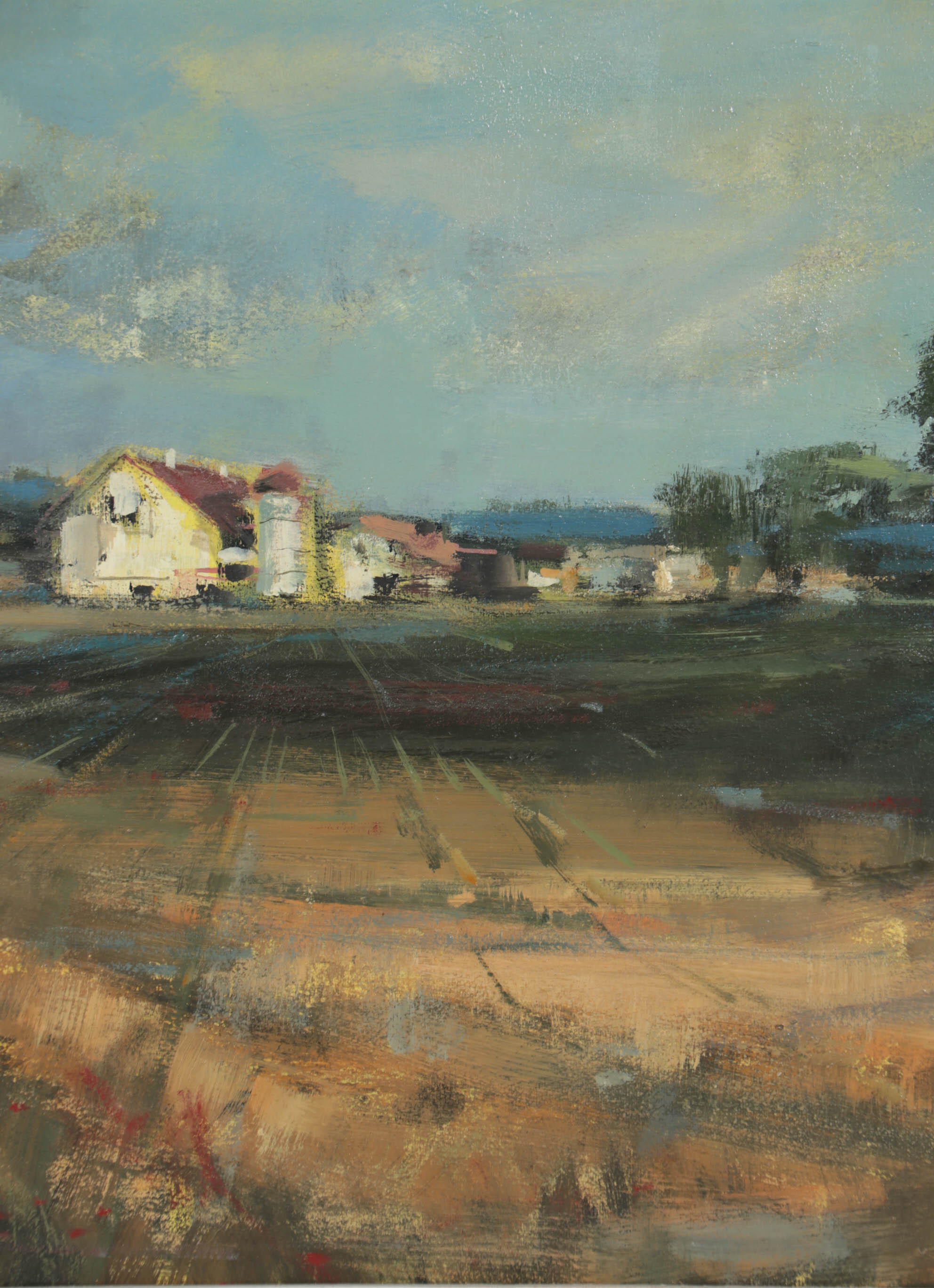 R. Lindstrom Impressionist Farm Landscape Oil Painting, 1956