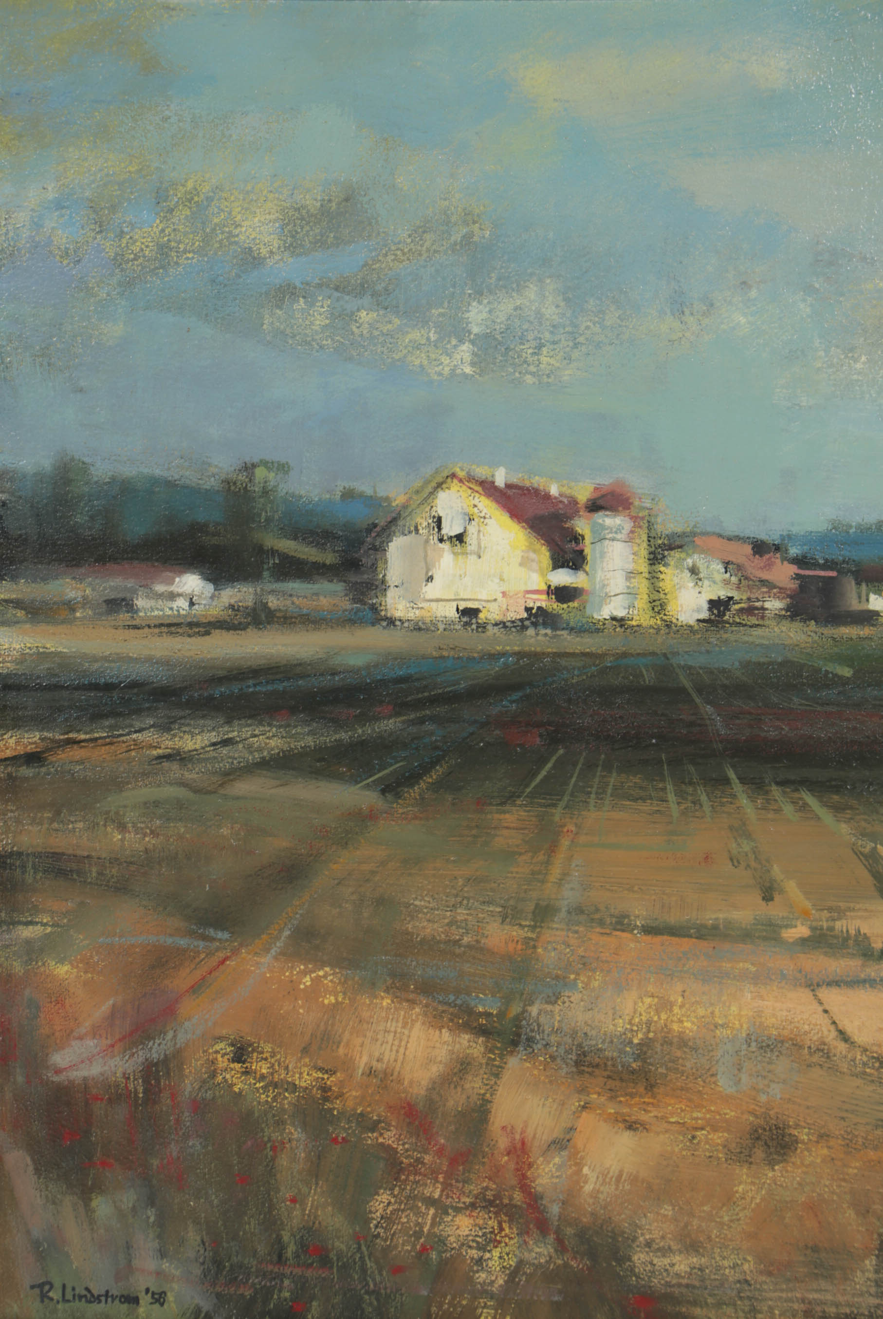 R. Lindstrom Impressionist Farm Landscape Oil Painting, 1956