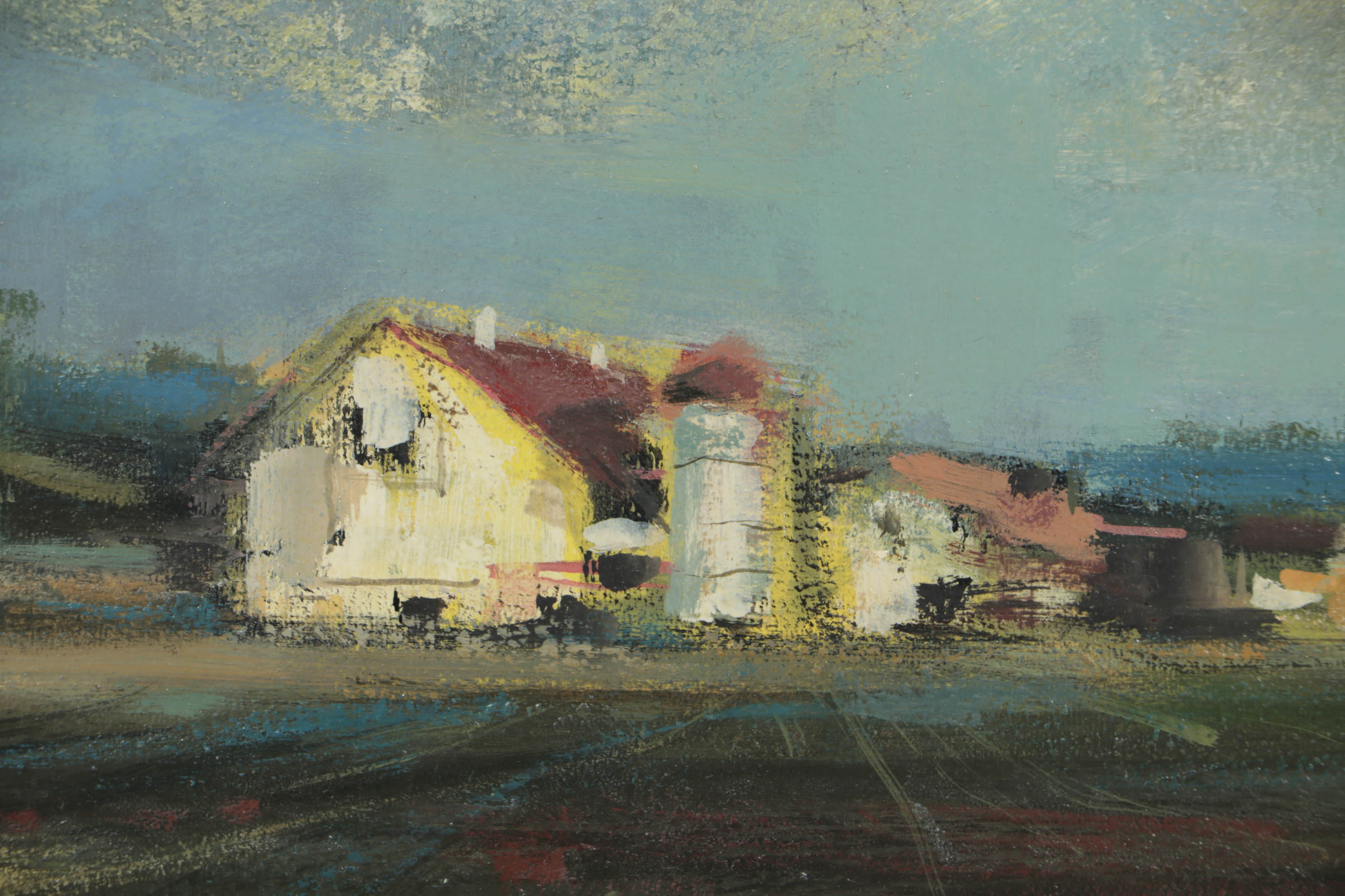 R. Lindstrom Impressionist Farm Landscape Oil Painting, 1956