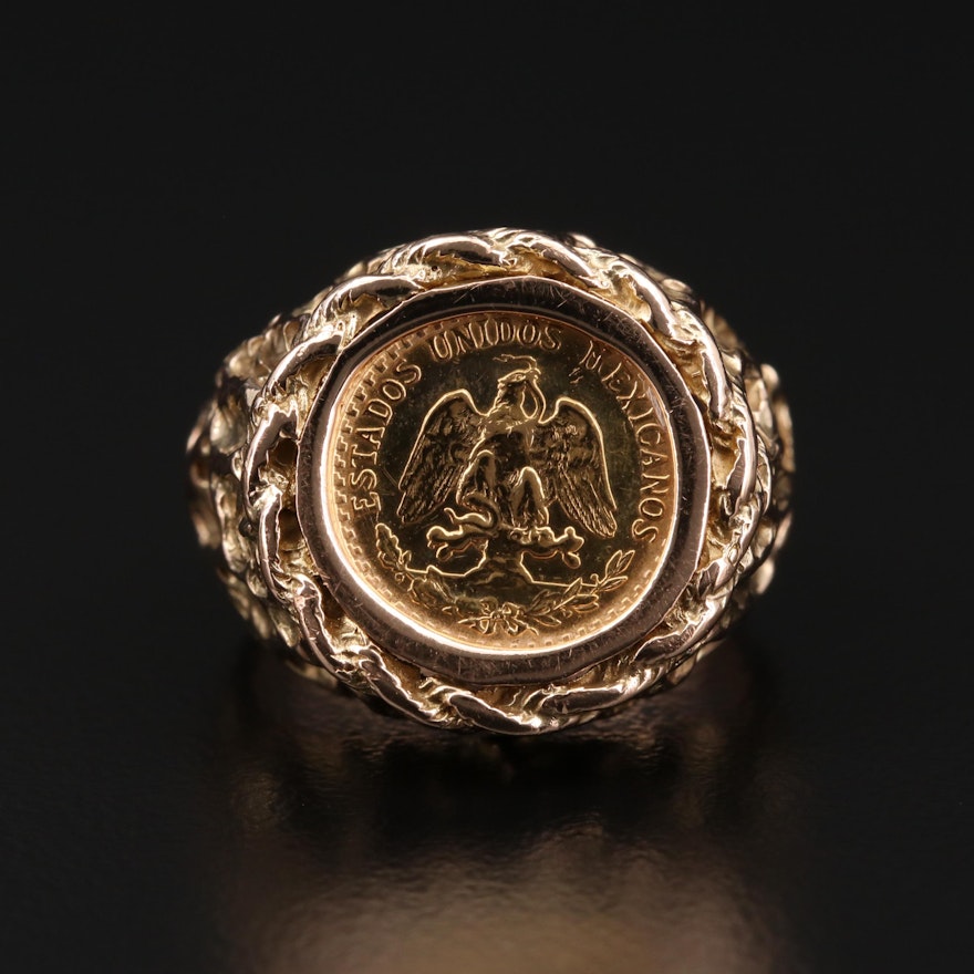 14K Yellow Gold Ring with 1945 Mexican Dos Pesos Gold Coin