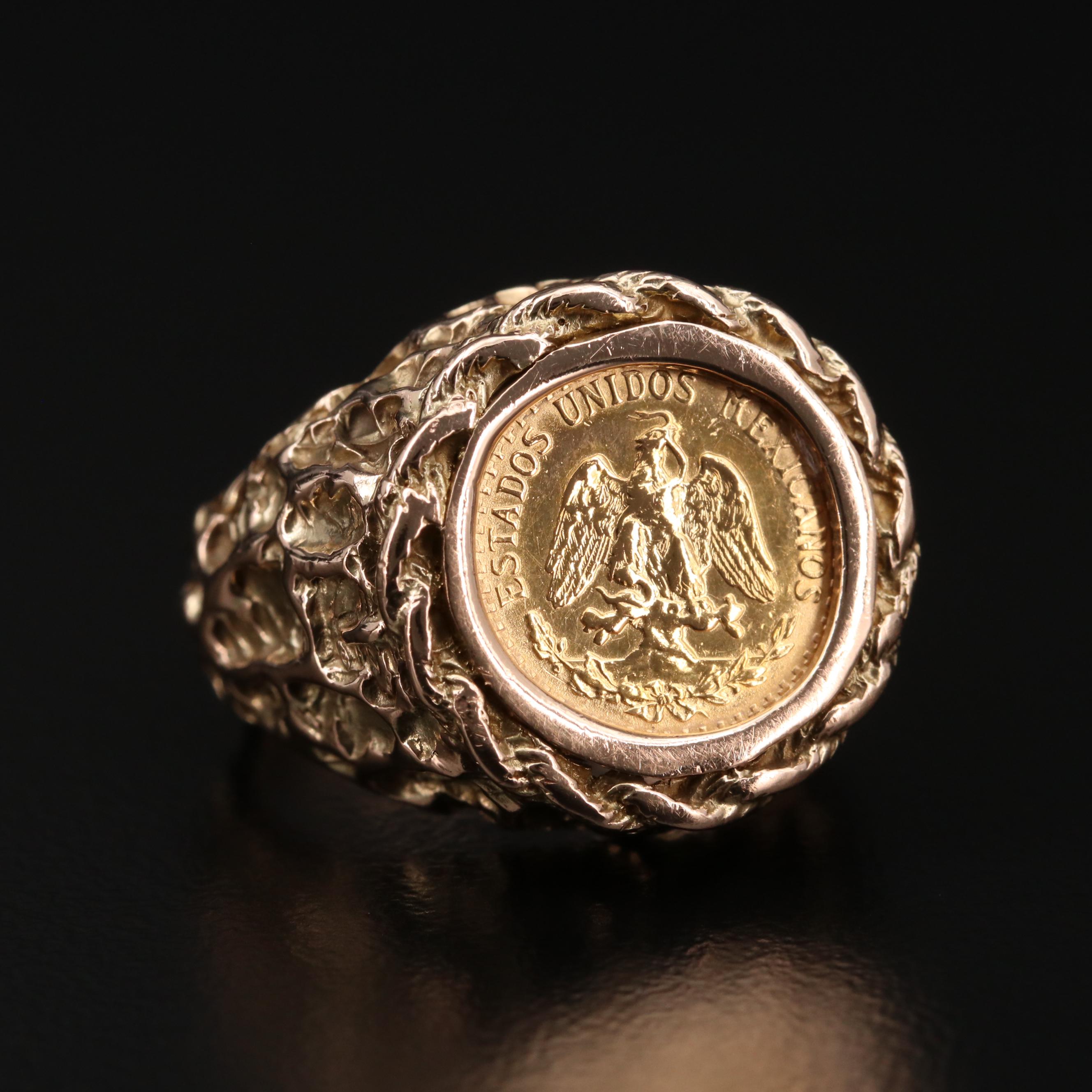 14K Yellow Gold Ring with 1945 Mexican Dos Pesos Gold Coin