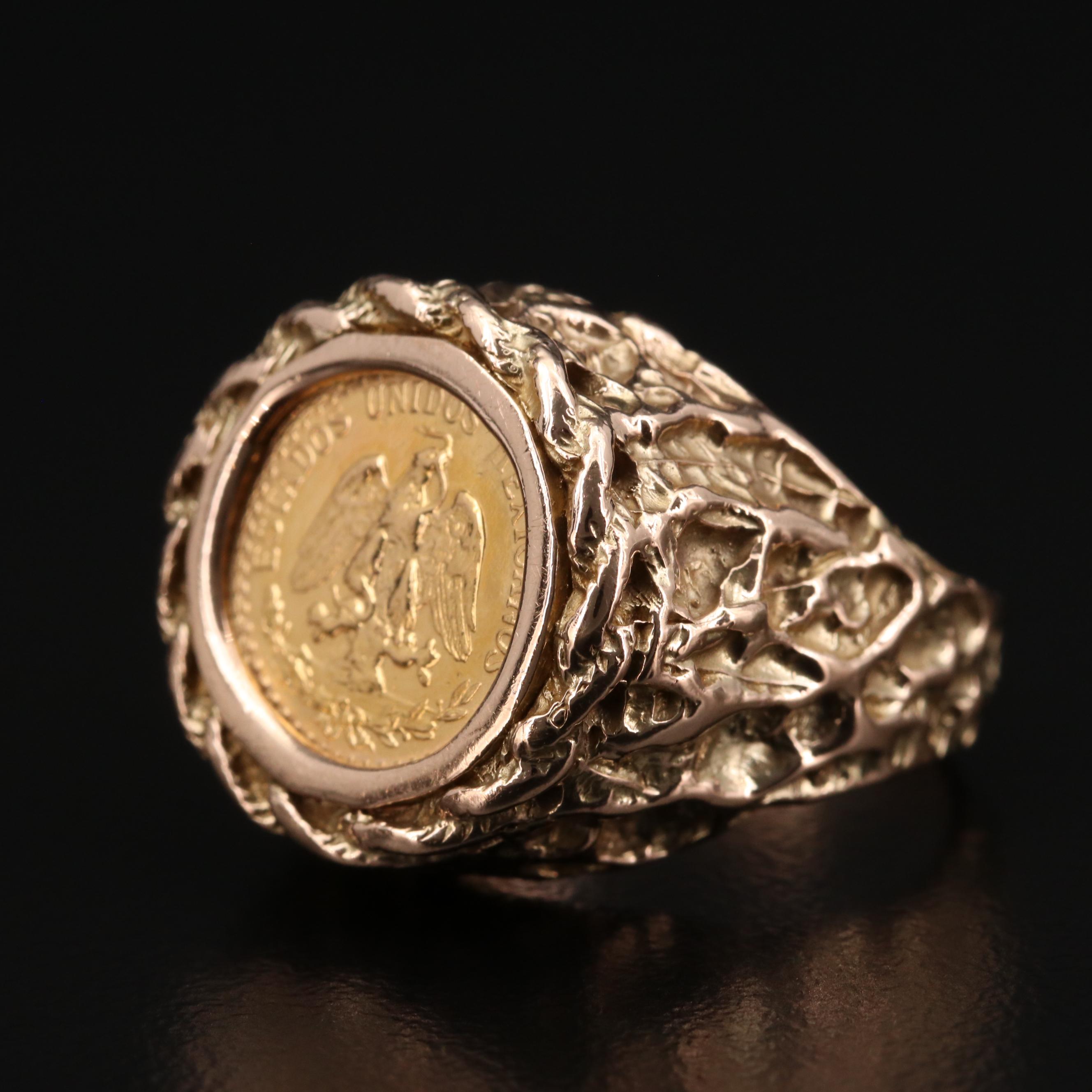 14K Yellow Gold Ring with 1945 Mexican Dos Pesos Gold Coin