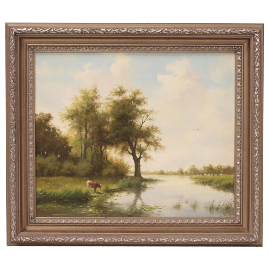 Ronald Meilof Oil Painting of Pastoral Scene with Cattle
