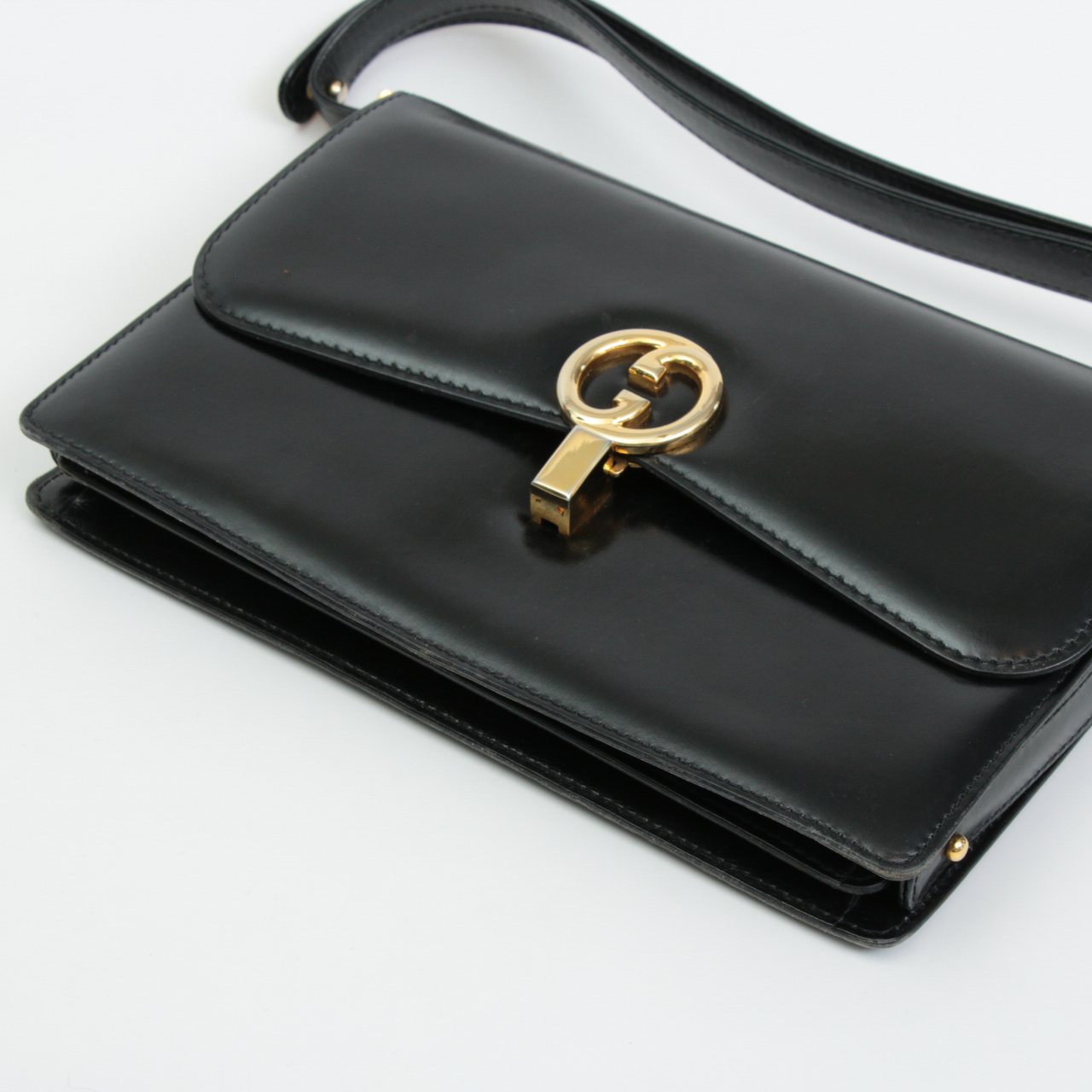Gucci Black Leather Flap Front Shoulder Bag, Vintage