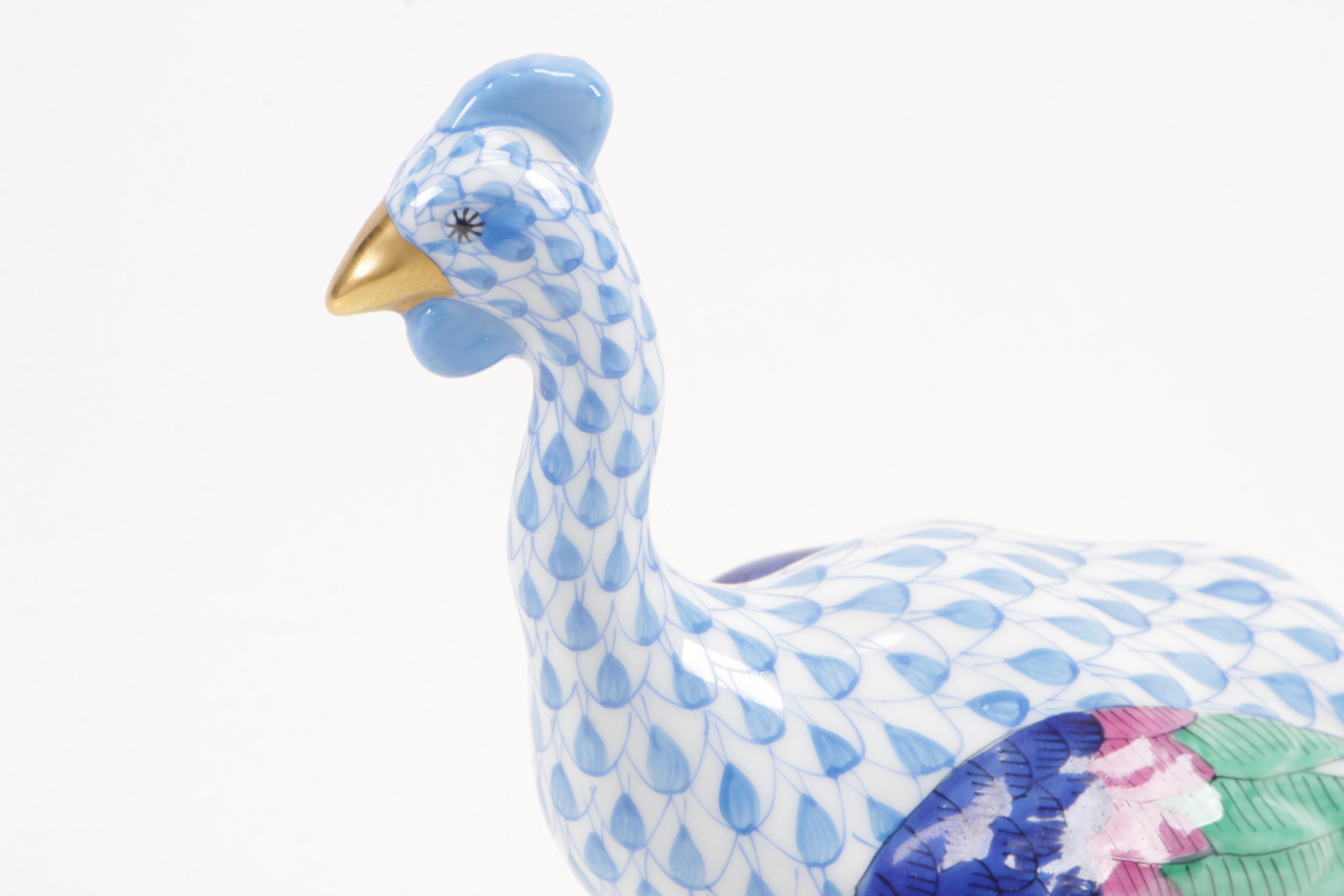 Herend Blue Fishnet with Gold "Guinea Fowl" Porcelain Figurine