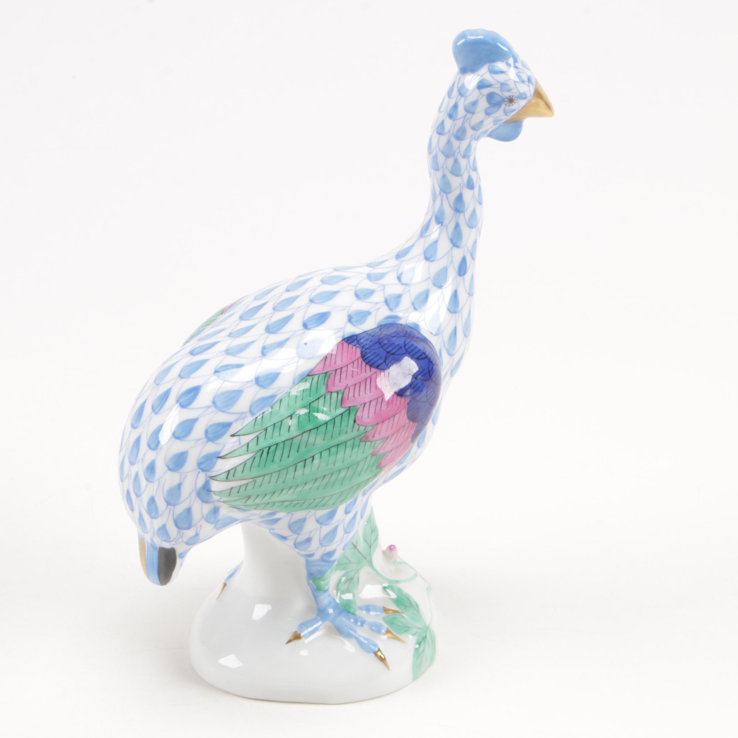Herend Blue Fishnet with Gold "Guinea Fowl" Porcelain Figurine