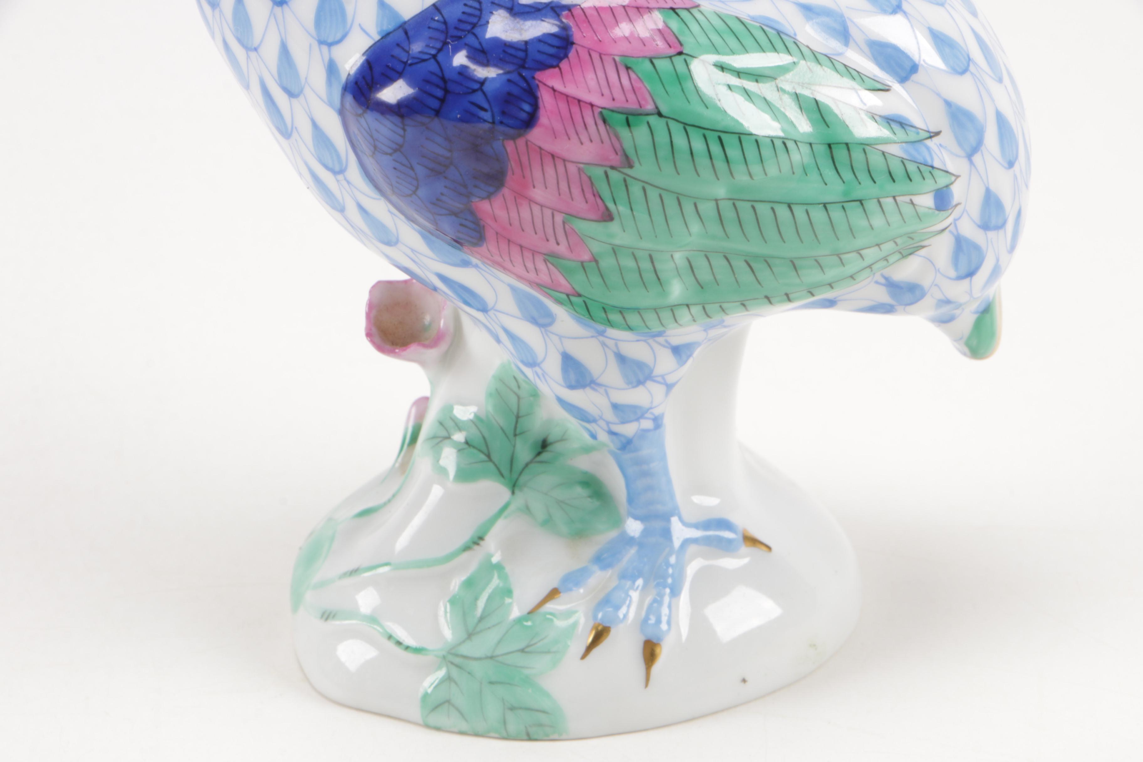 Herend Blue Fishnet with Gold "Guinea Fowl" Porcelain Figurine