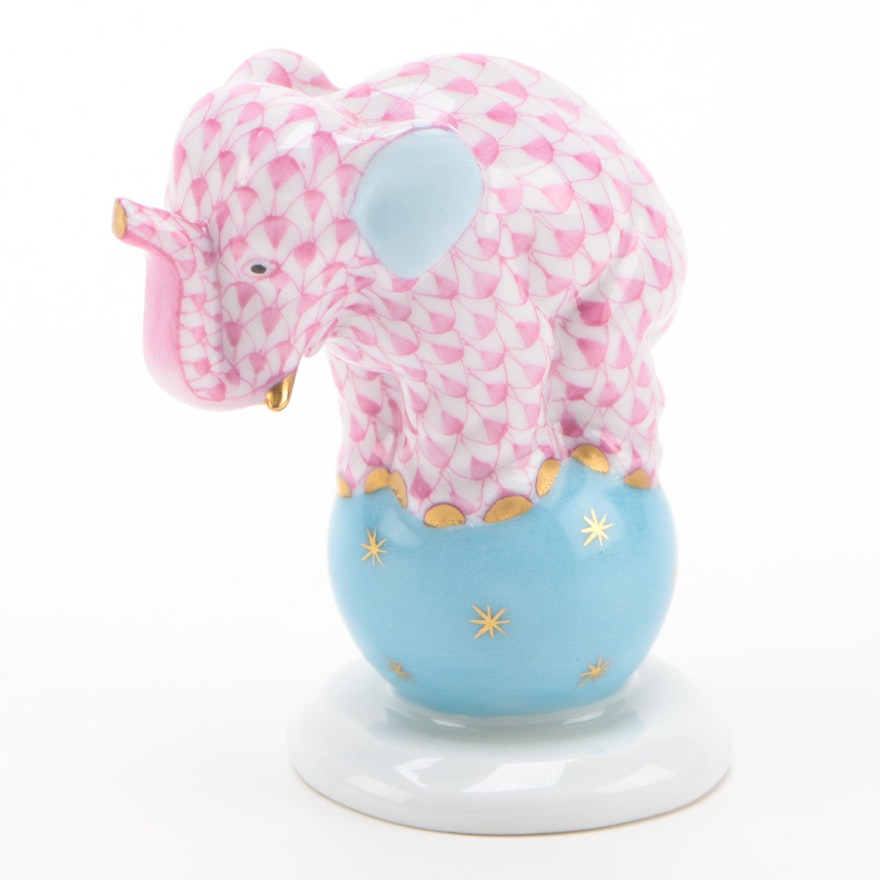 Herend Raspberry Fishnet with Gold "Elephant on Ball" Porcelain Figurine, 1996