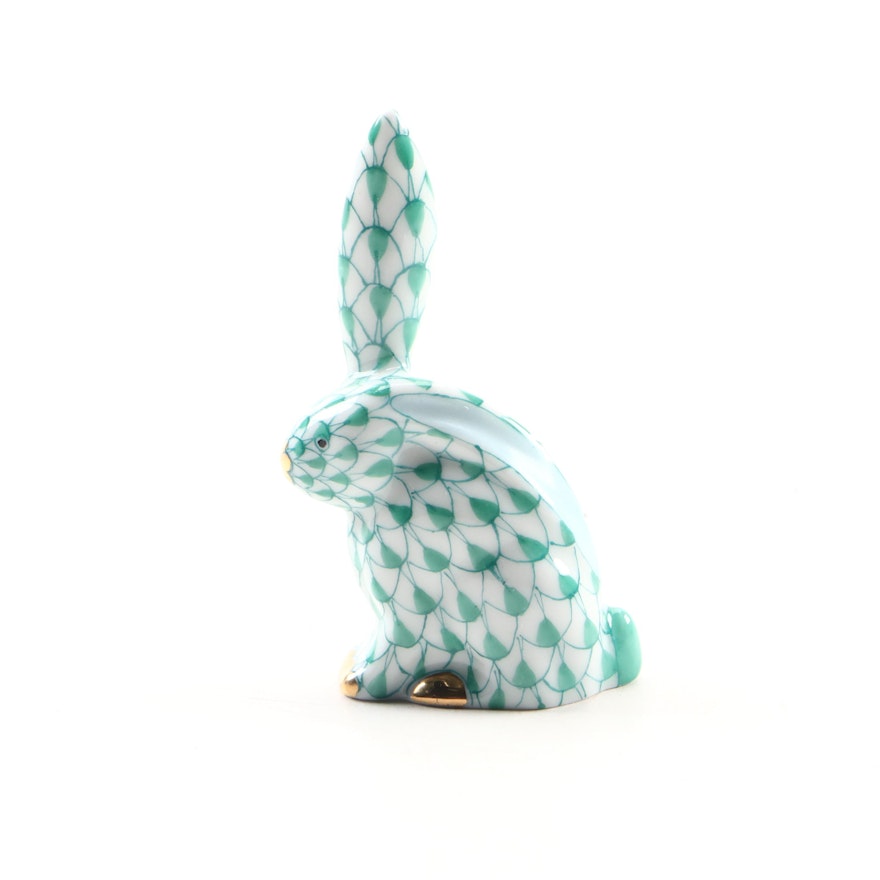 Herend Green Fishnet "Miniature Rabbit with One Ear Up" Figurine, April 1999