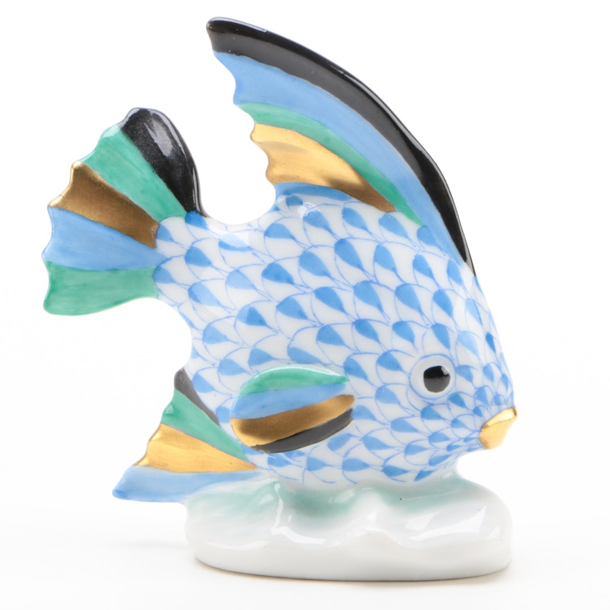 Herend Blue Fishnet with Gold "Sailing Fish" Porcelain Figurine