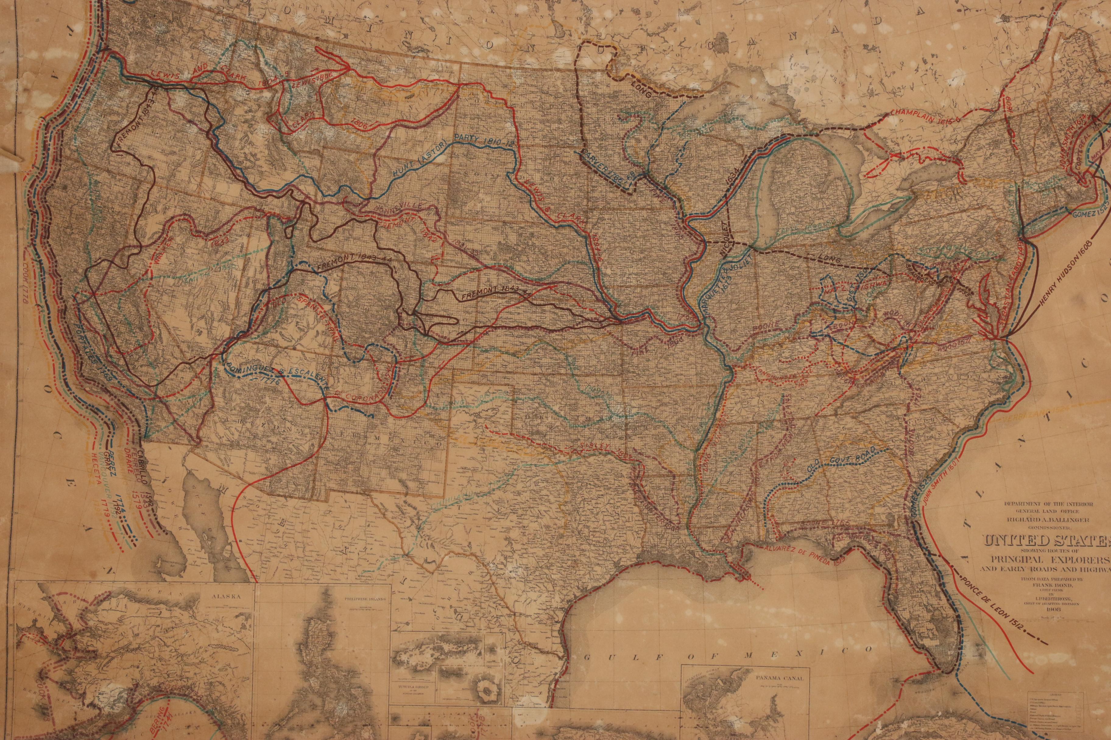 1908 Map of North American Explorers, Roads and Highways