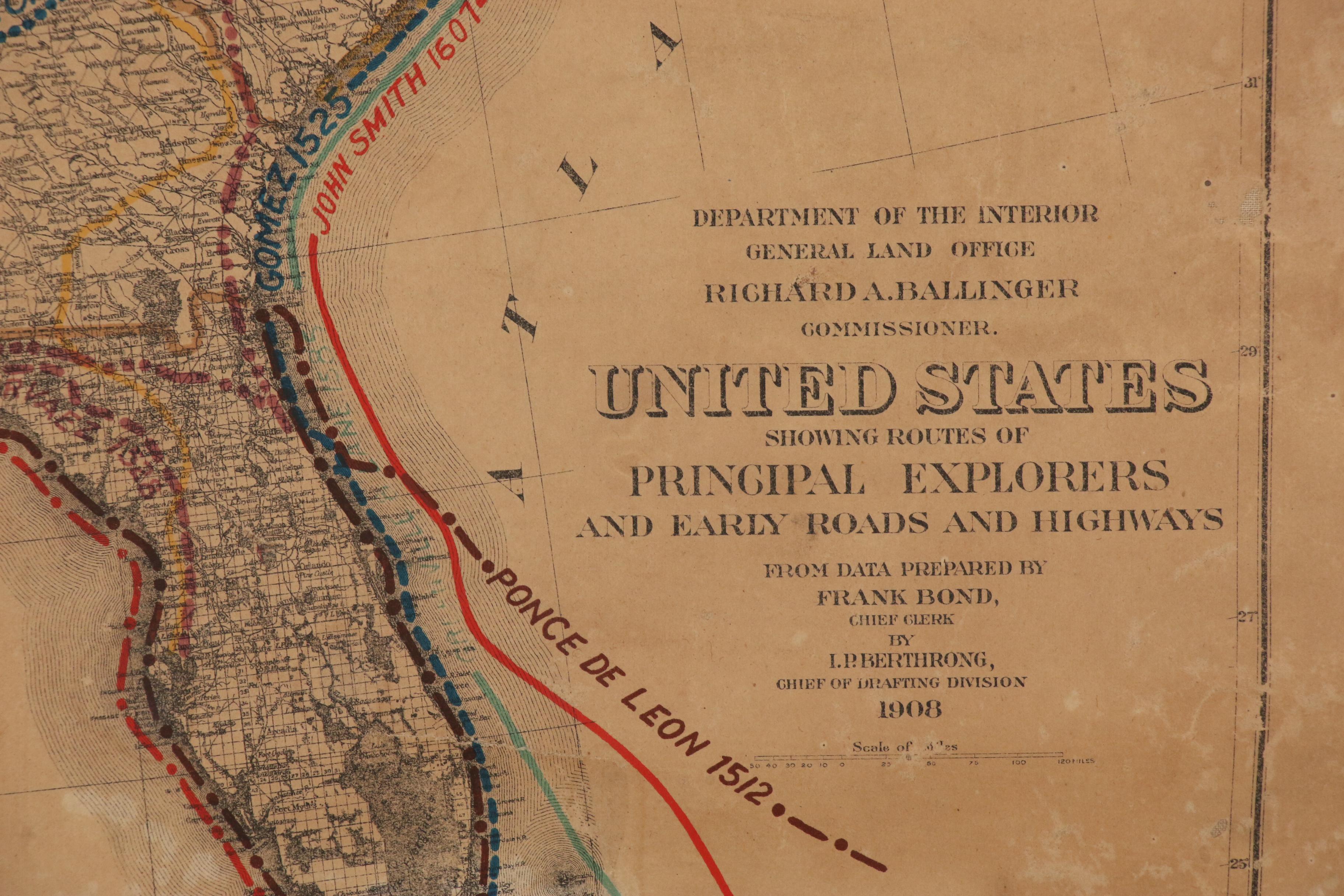 1908 Map of North American Explorers, Roads and Highways