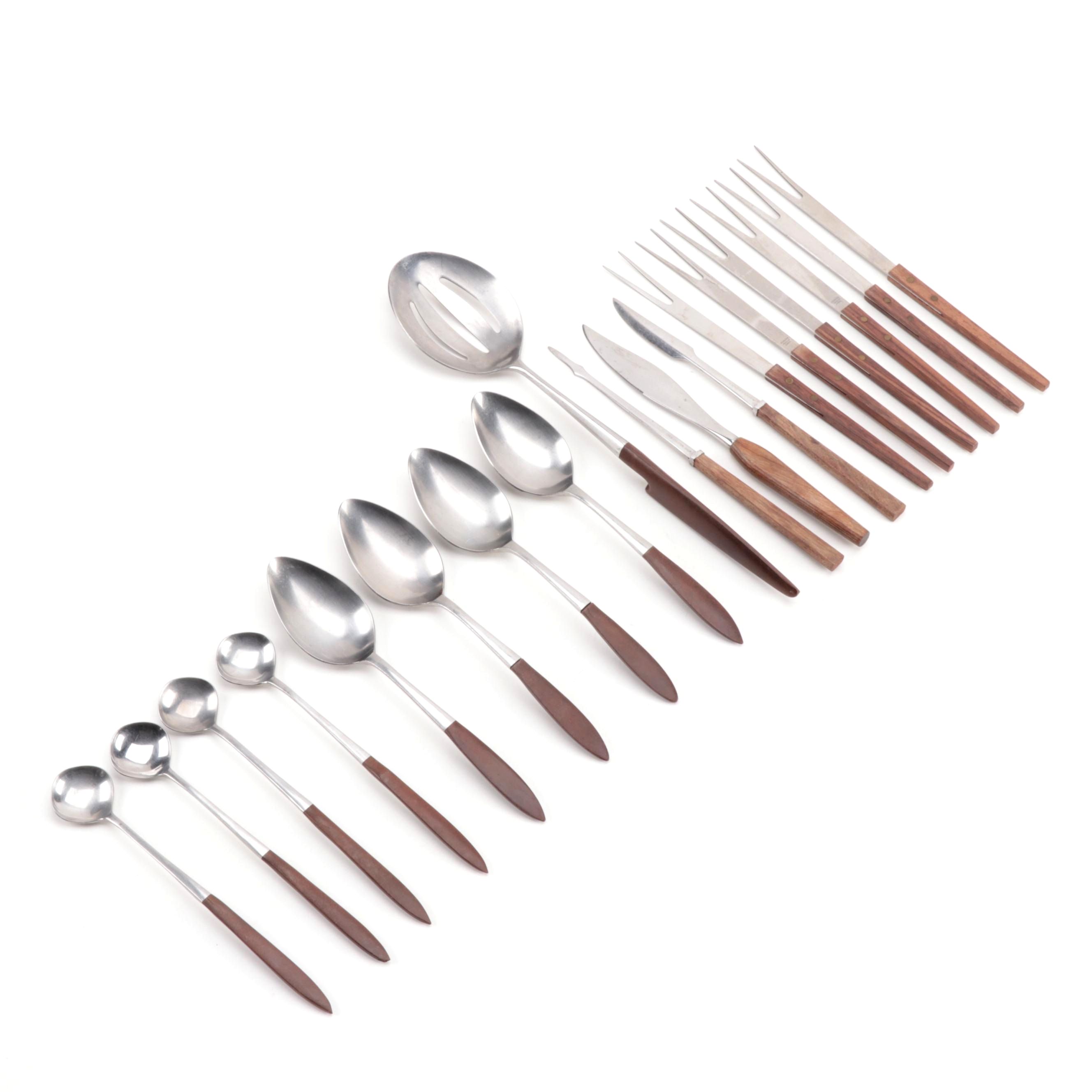 Mid Century Modern Japanese Stainless Steel Flatware with Wooden Handles