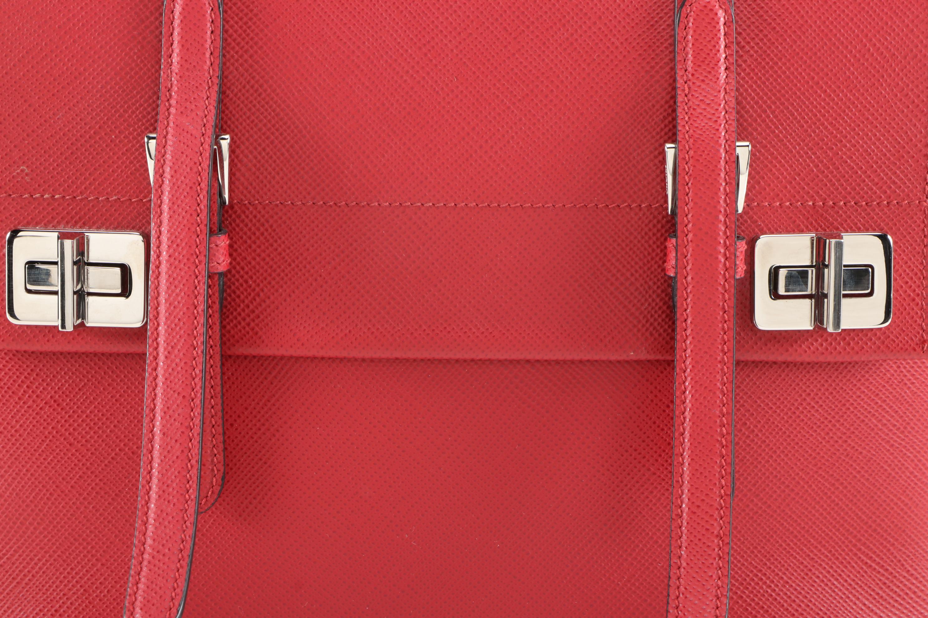 Prada Red Saffiano Leather Large Half-Flap Double Turnlock Satchel