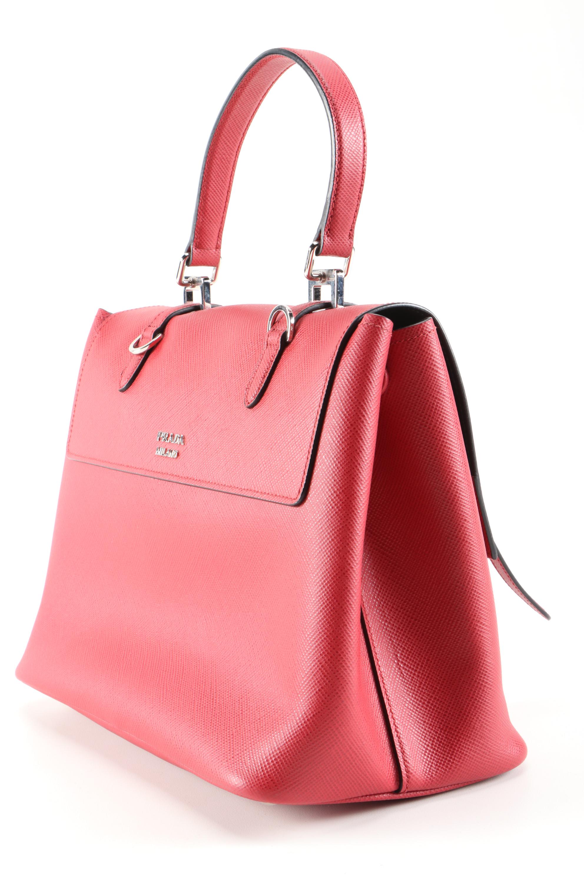 Prada Red Saffiano Leather Large Half-Flap Double Turnlock Satchel