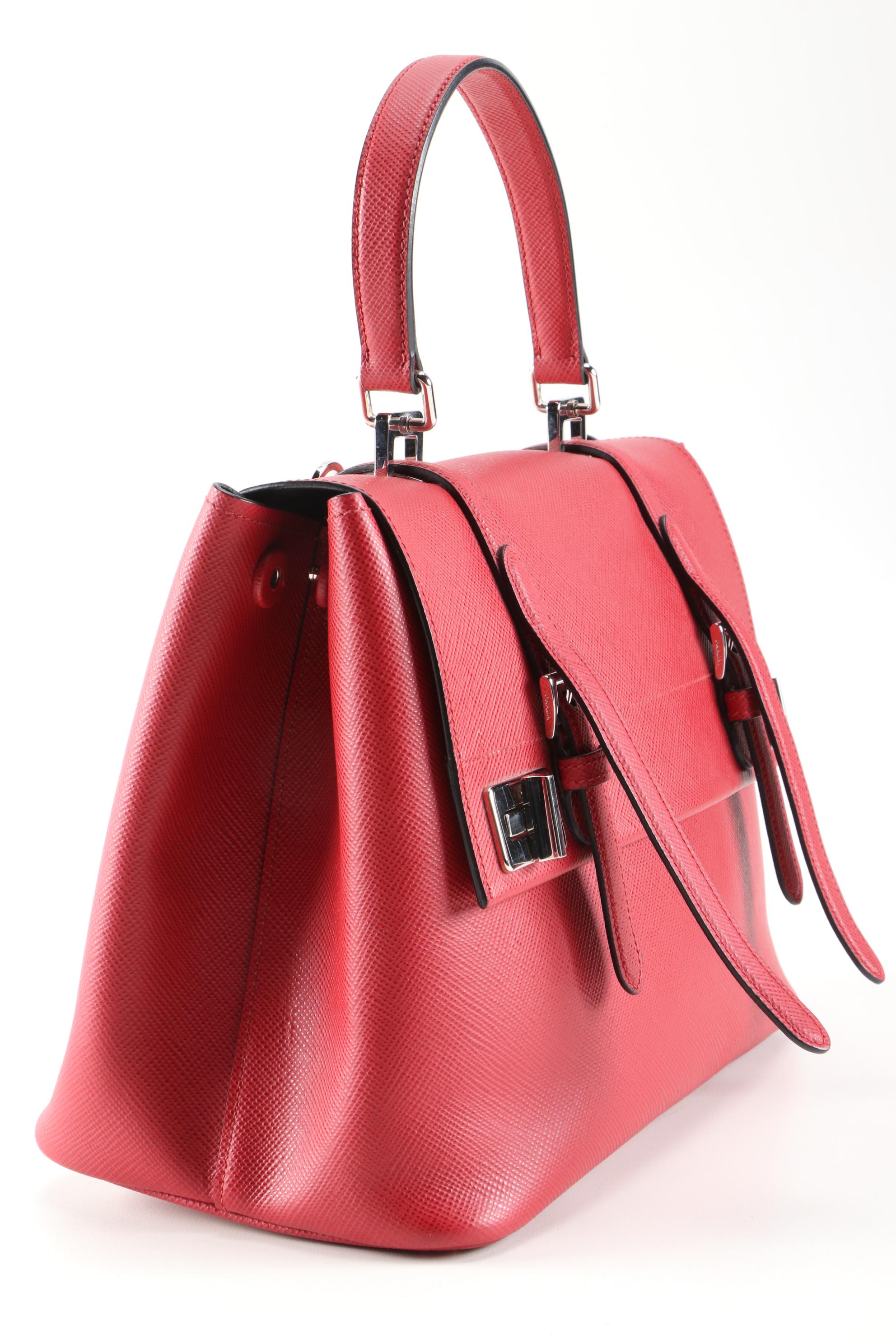 Prada Red Saffiano Leather Large Half-Flap Double Turnlock Satchel