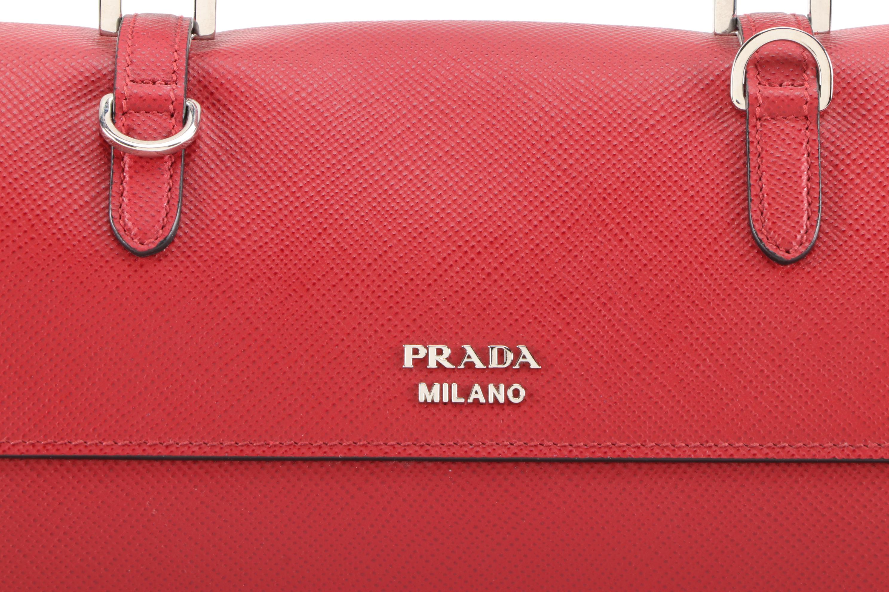 Prada Red Saffiano Leather Large Half-Flap Double Turnlock Satchel