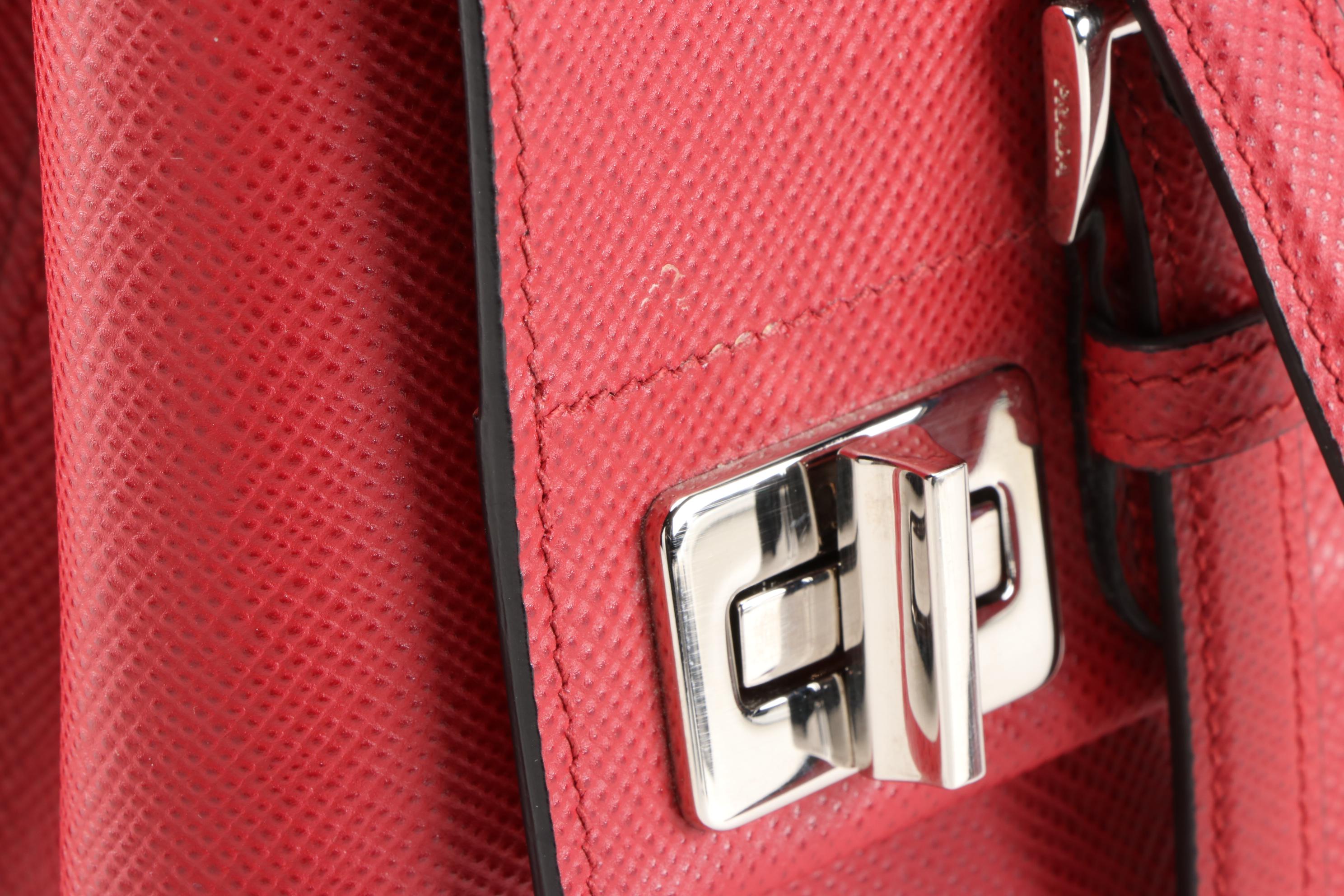 Prada Red Saffiano Leather Large Half-Flap Double Turnlock Satchel