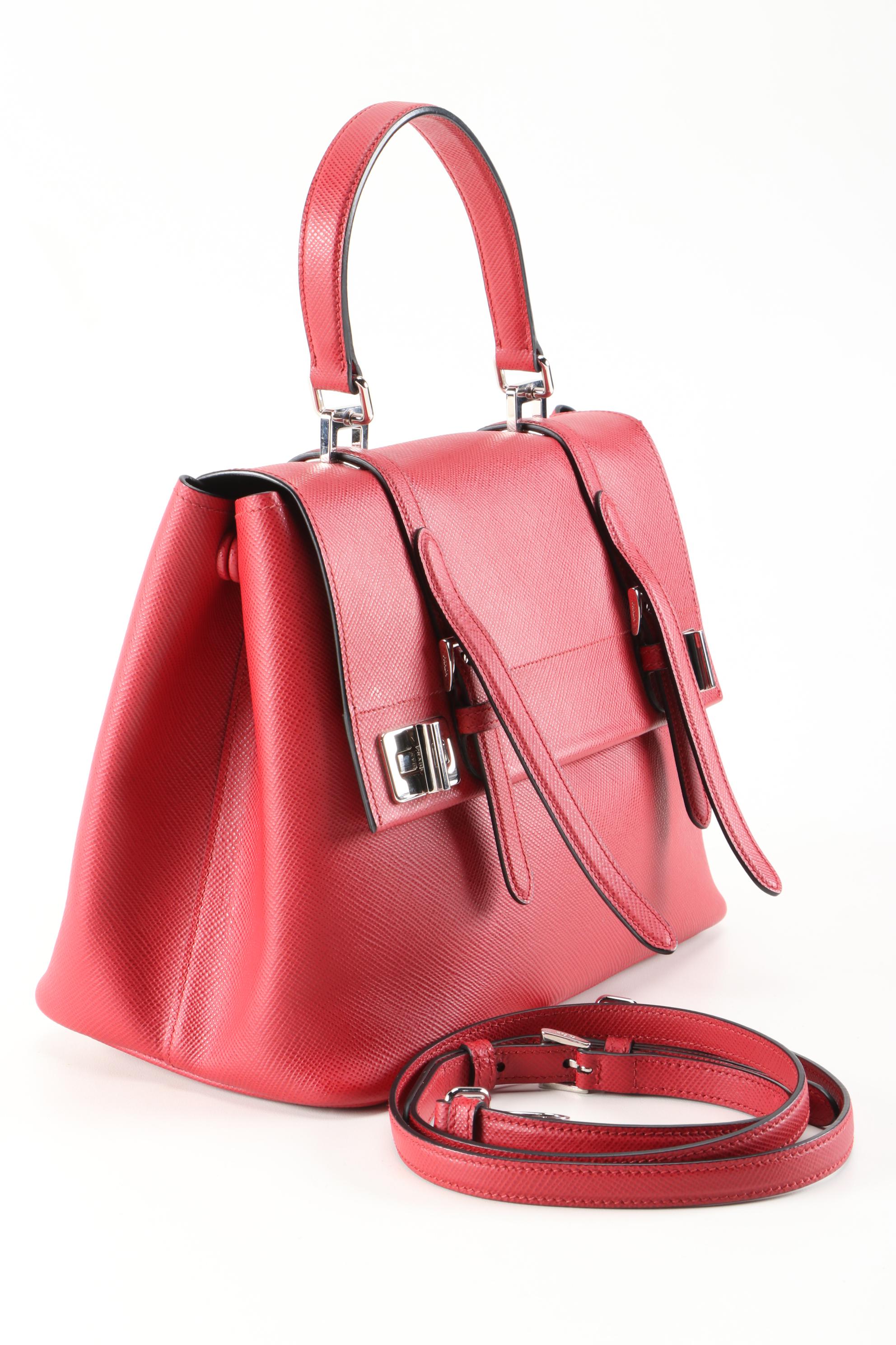 Prada Red Saffiano Leather Large Half-Flap Double Turnlock Satchel