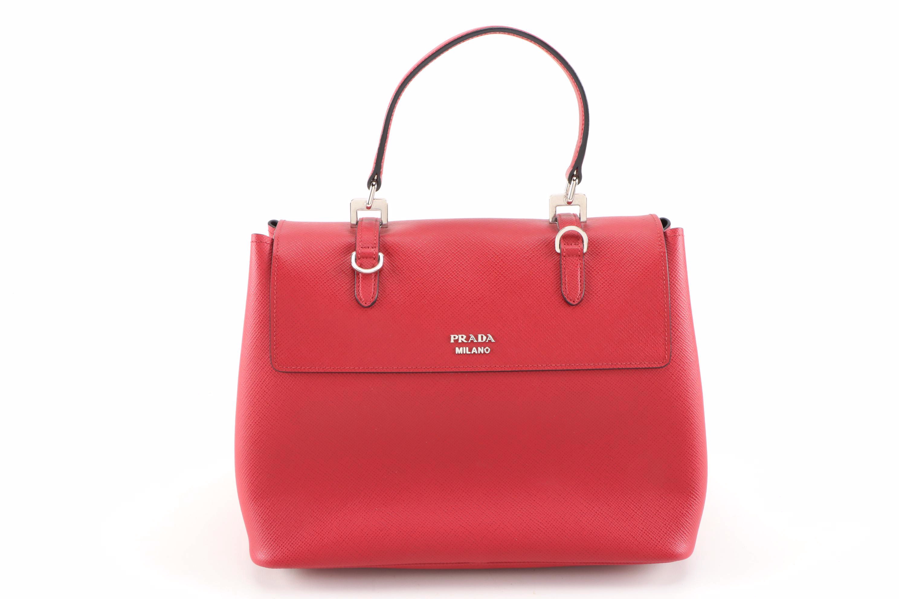 Prada Red Saffiano Leather Large Half-Flap Double Turnlock Satchel