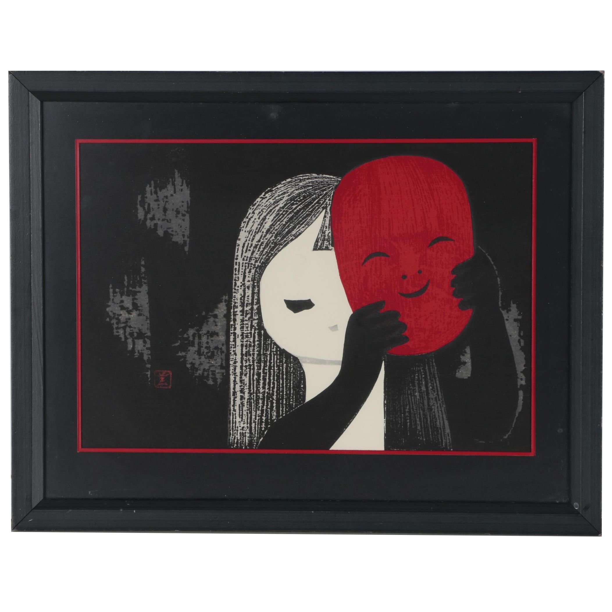 Kaoru Kawano Woodblock of a Girl with a Red Mask, Mid-20th Century