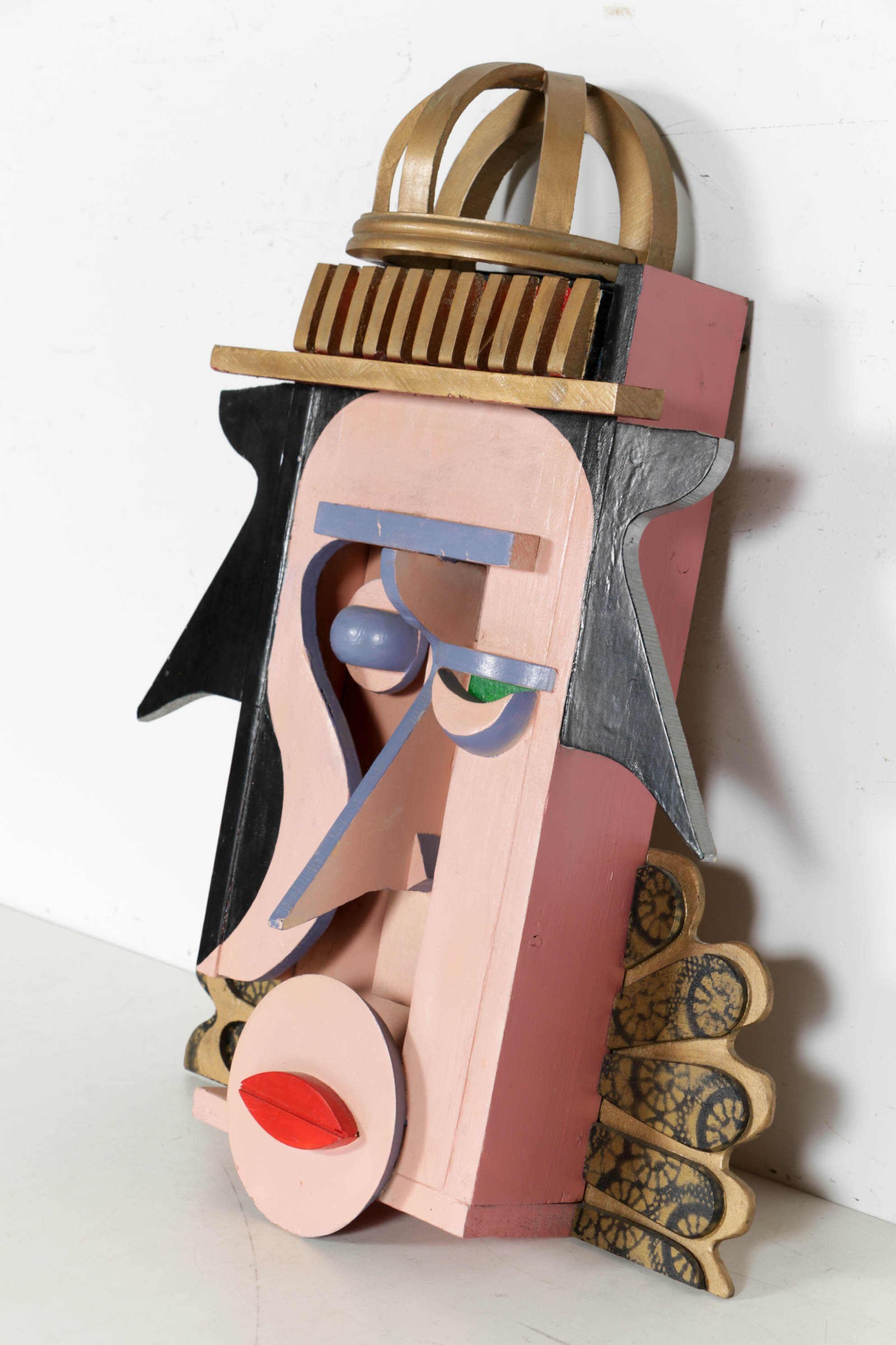 Cubist Style Portrait Painted Wood Assemblage Wall Sculpture
