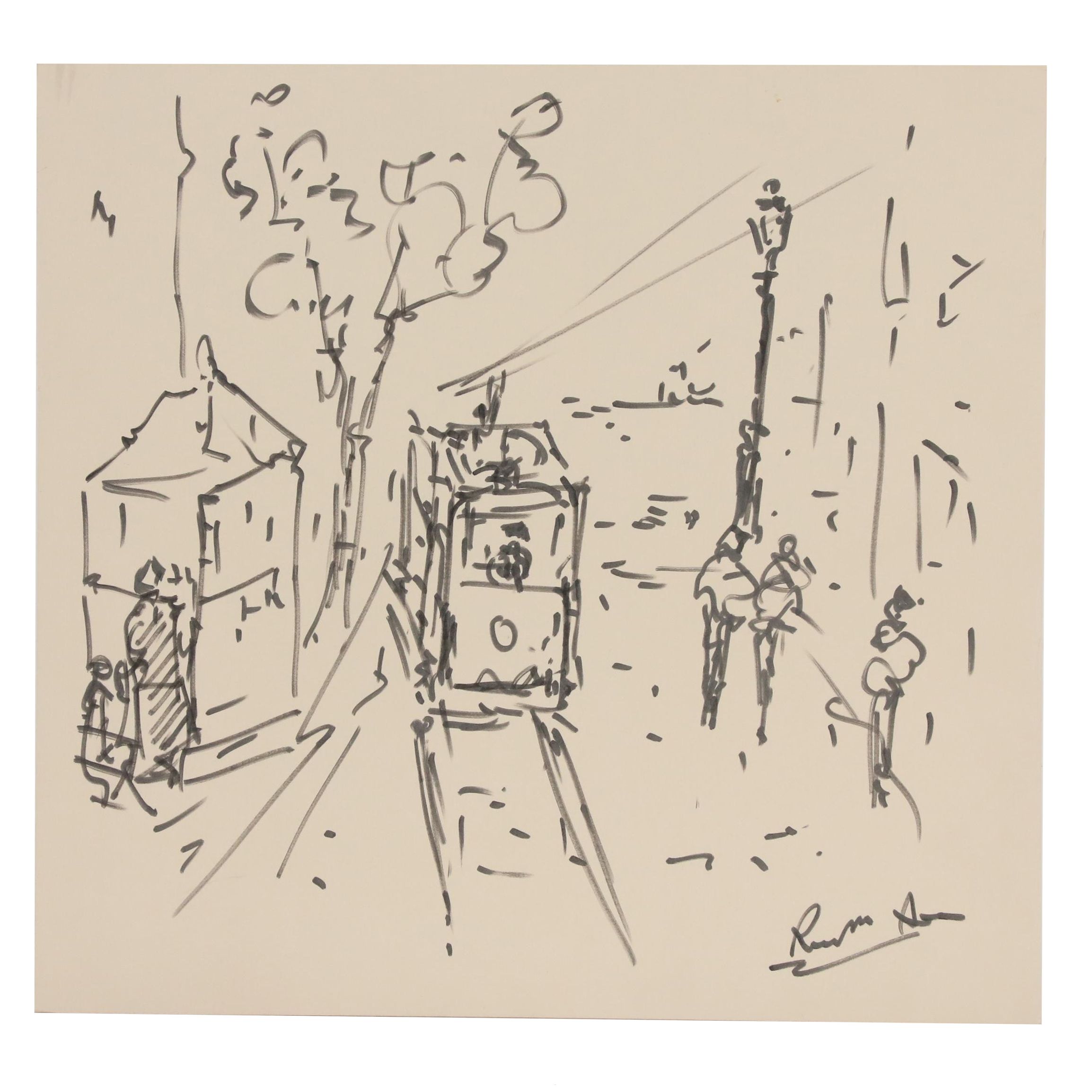 Peter Max Double-Sided Ink Drawing of Trolly and Boat