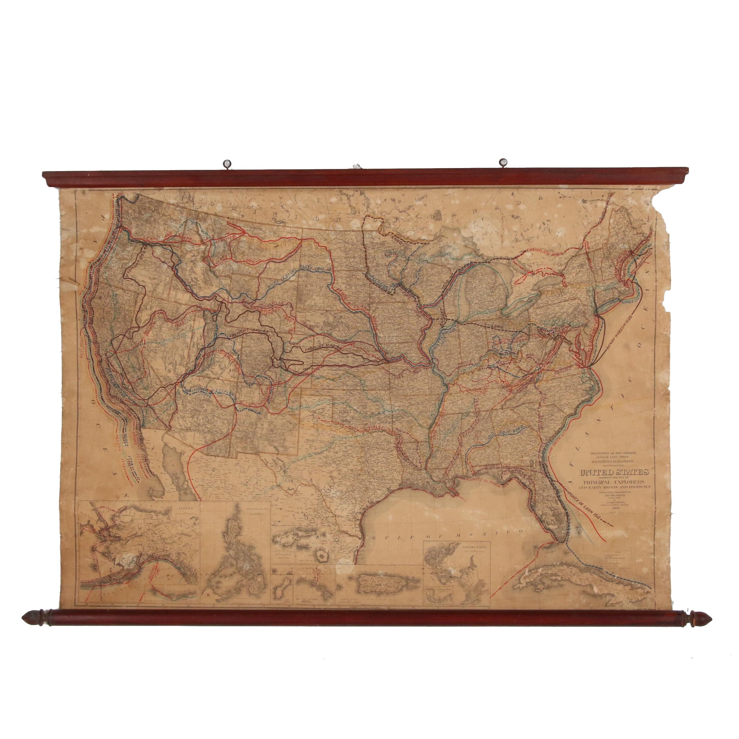 1908 Map of North American Explorers, Roads and Highways