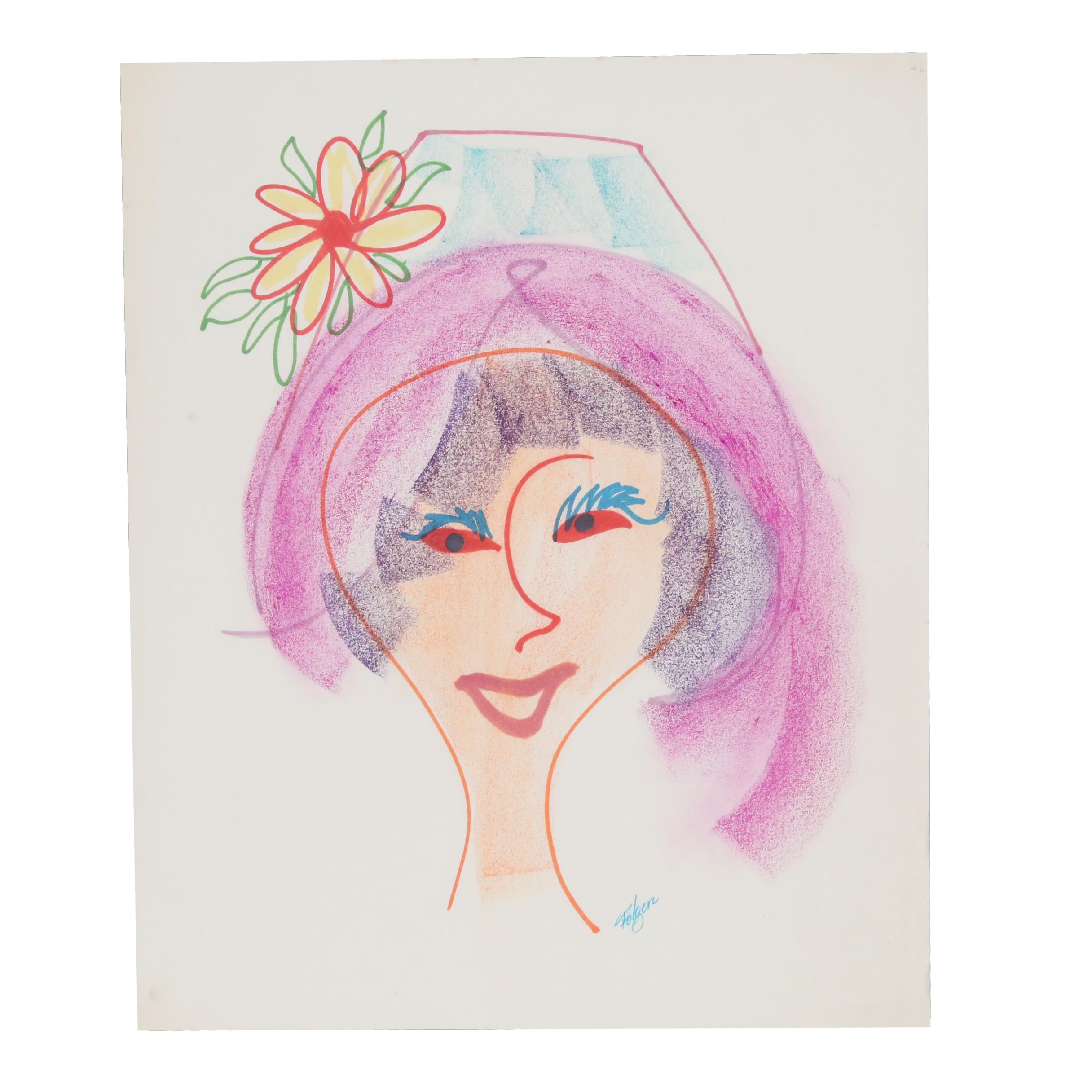 Franklin Folger Ink and Pastel Portrait Drawing