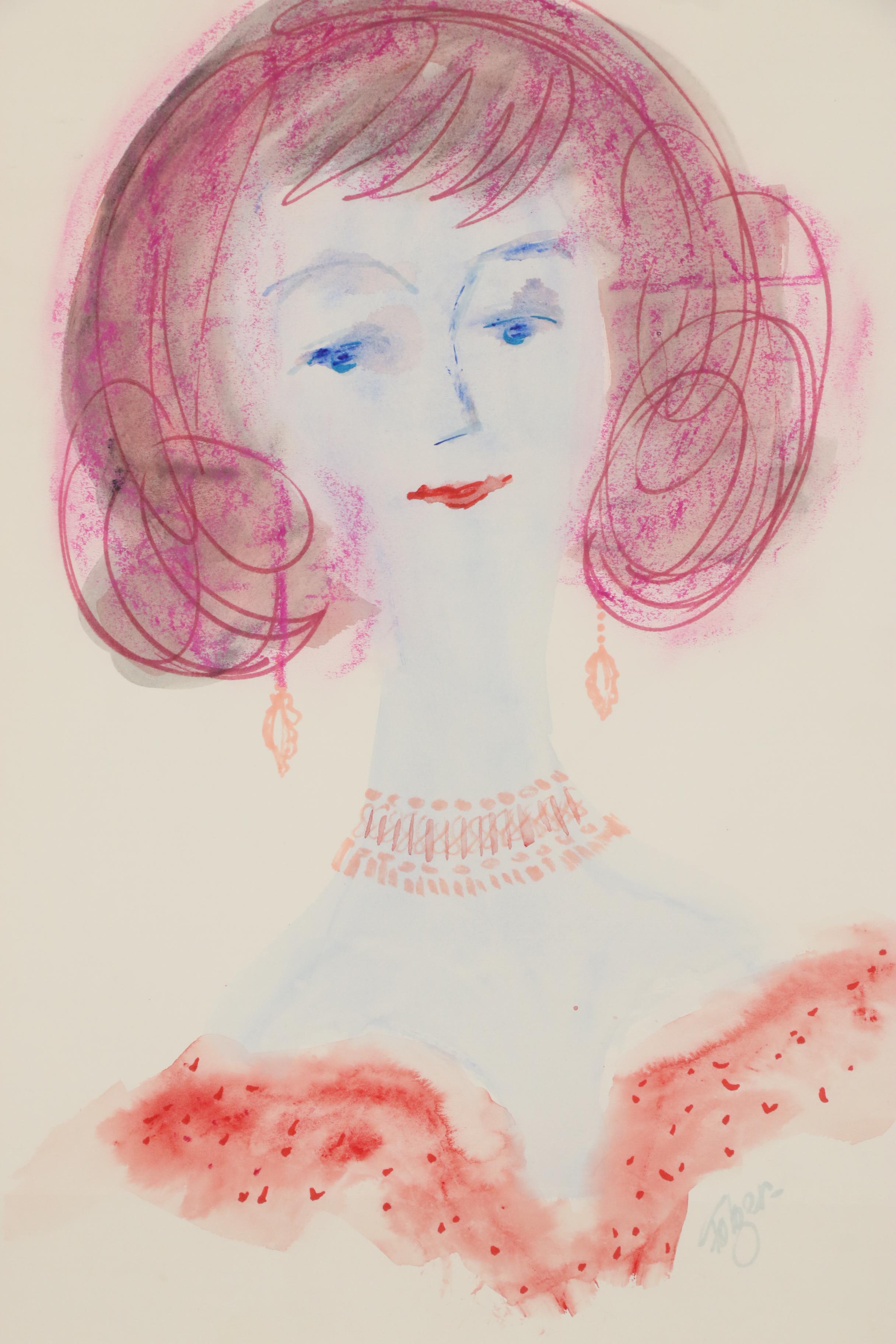 Franklin Folger Cartoon Style Ink and Pastel Portrait Drawing