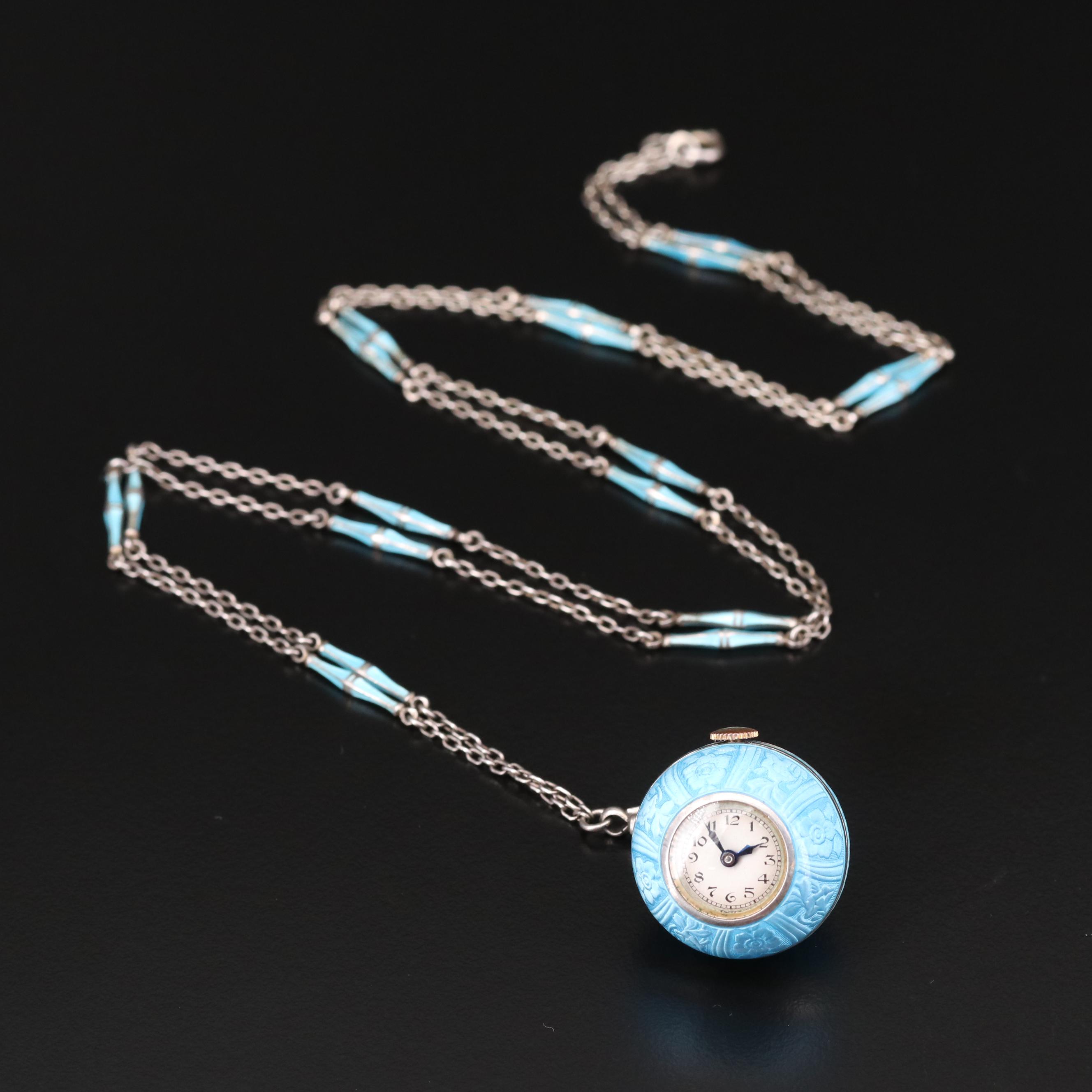 Vintage Swiss Sterling Silver and Enamel Pendant Watch