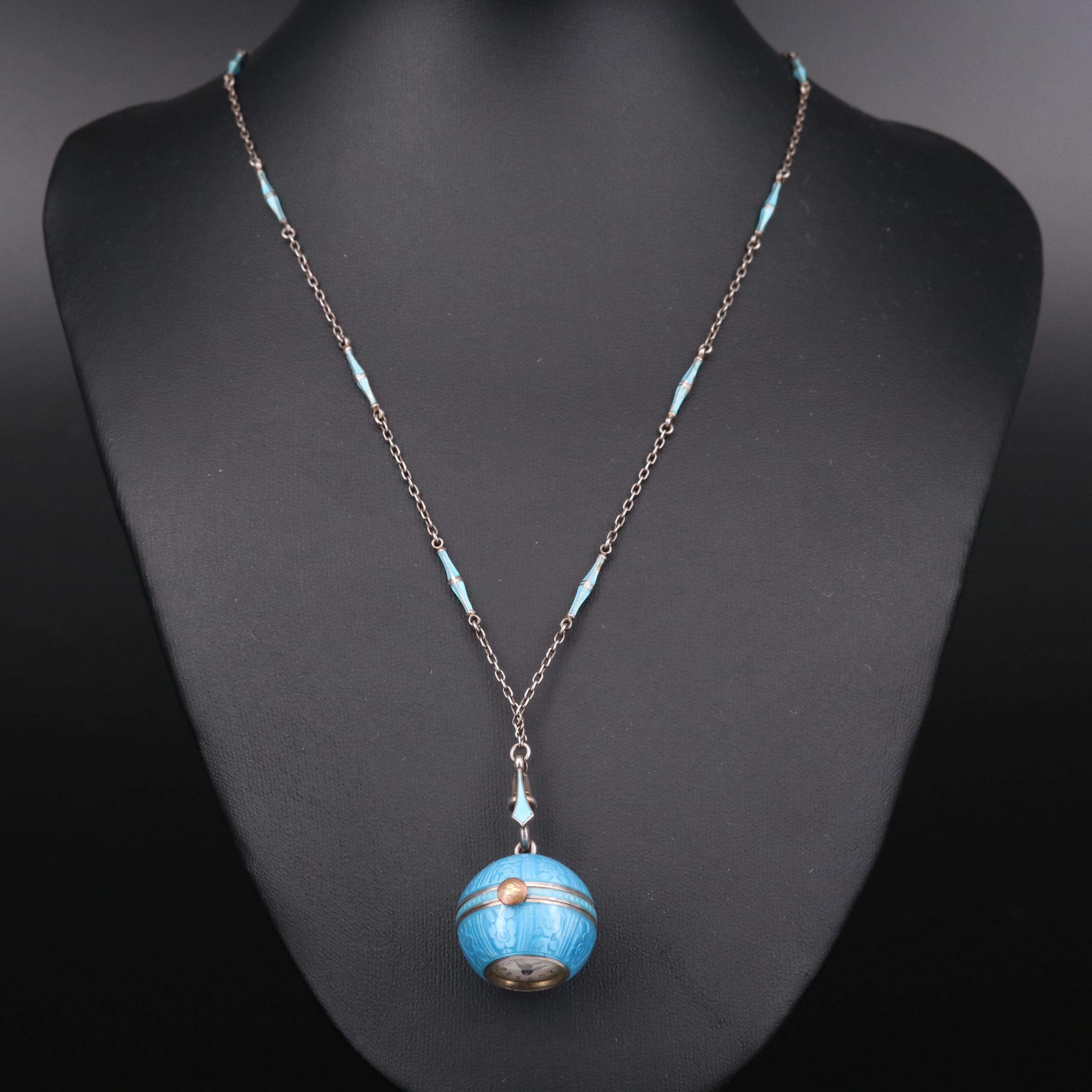 Vintage Swiss Sterling Silver and Enamel Pendant Watch