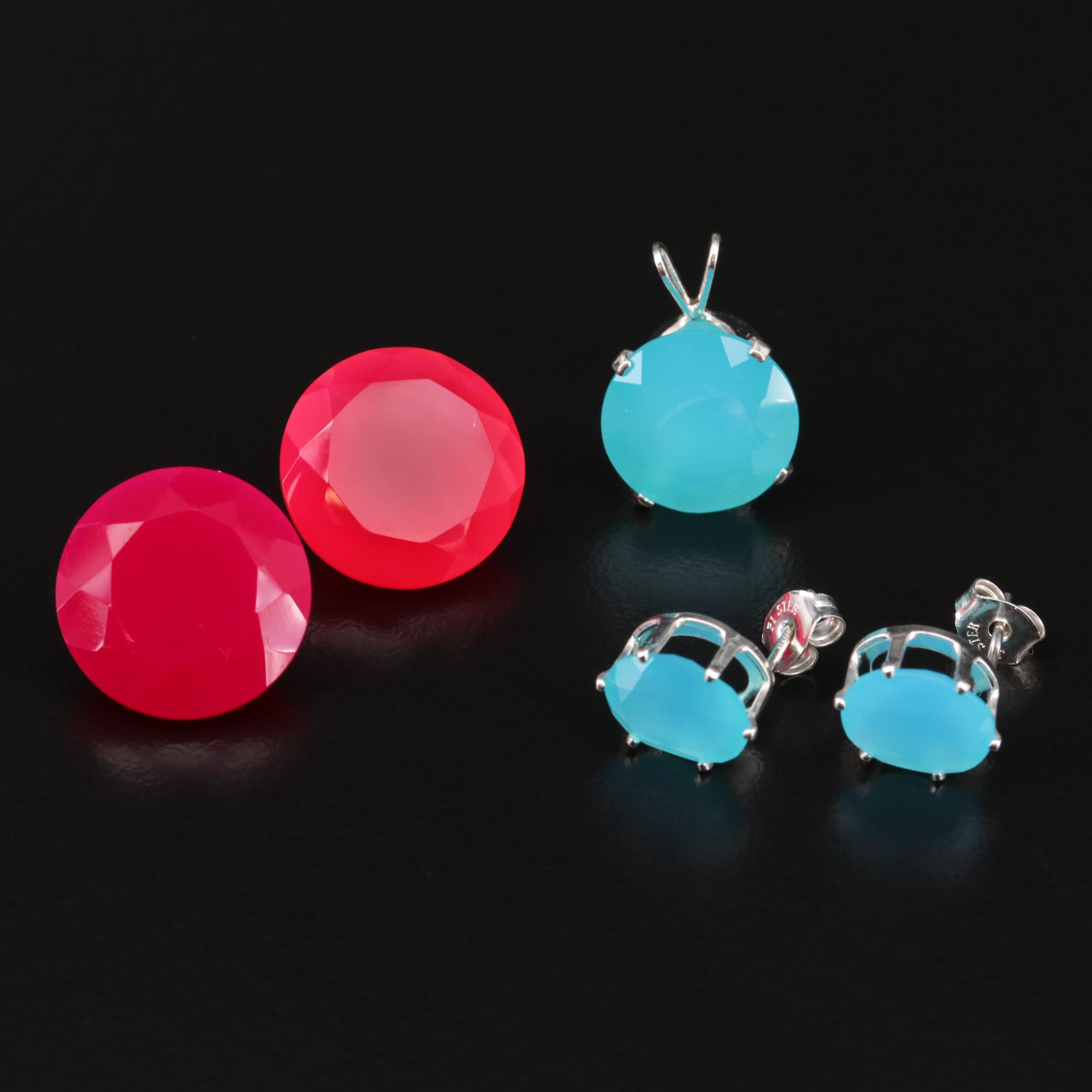 Loose Round Faceted Chalcedony with Mounted Chalcedony Earring and Pendant Set
