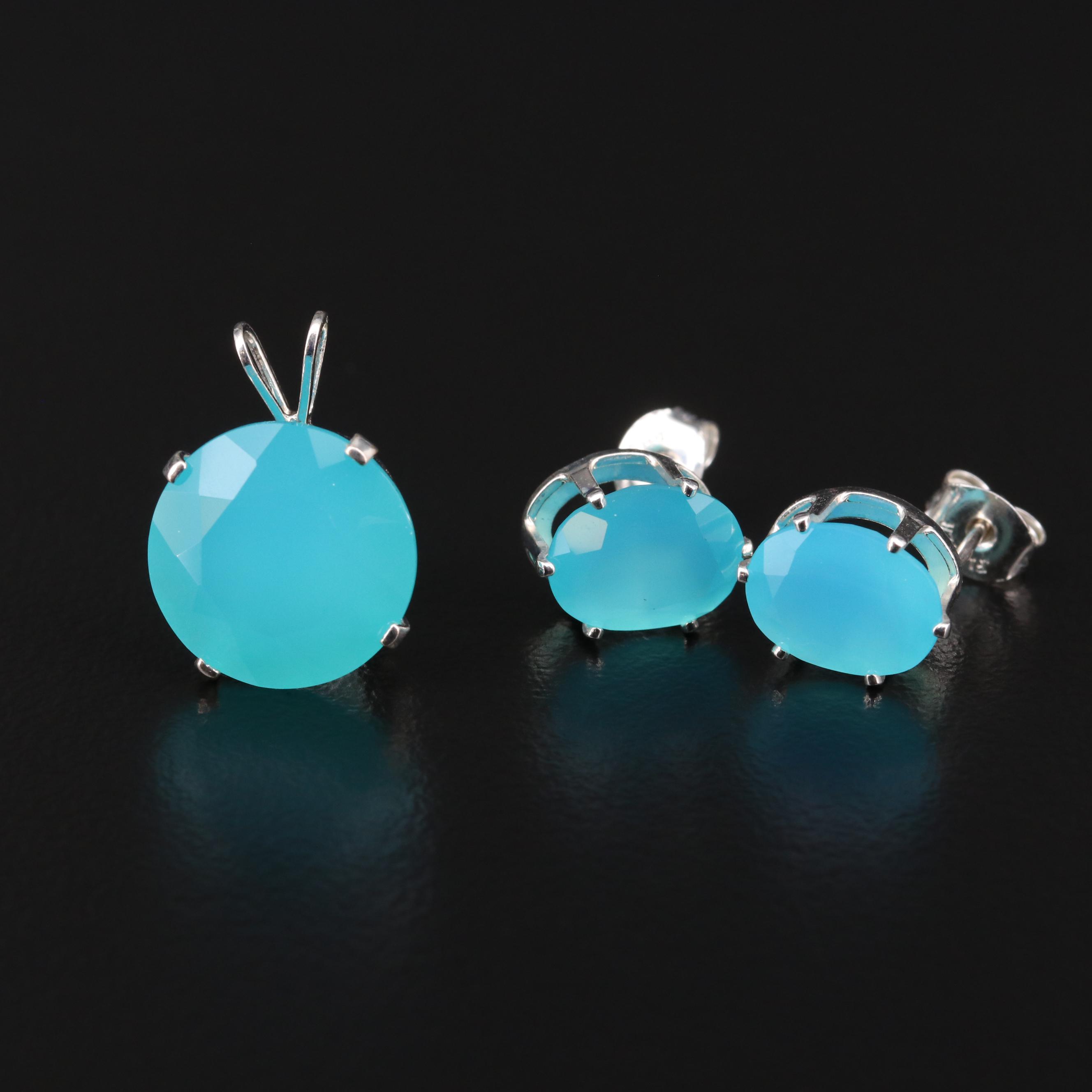 Loose Round Faceted Chalcedony with Mounted Chalcedony Earring and Pendant Set