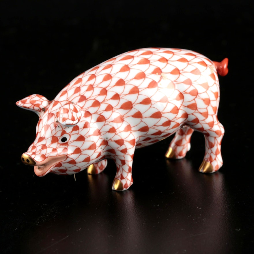 Herend Rust Fishnet with Gold "Pig" Porcelain Figurine