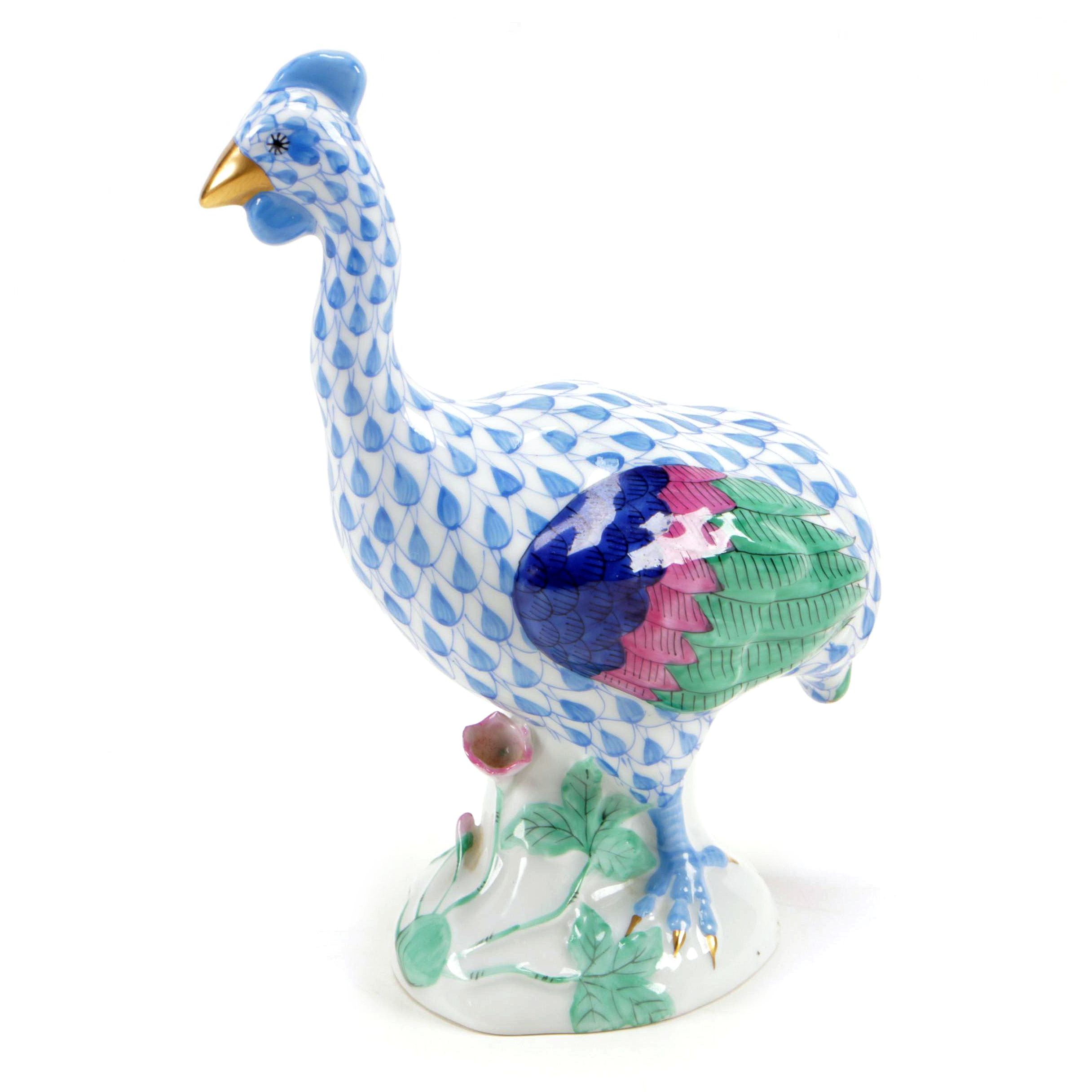 Herend Blue Fishnet with Gold "Guinea Fowl" Porcelain Figurine