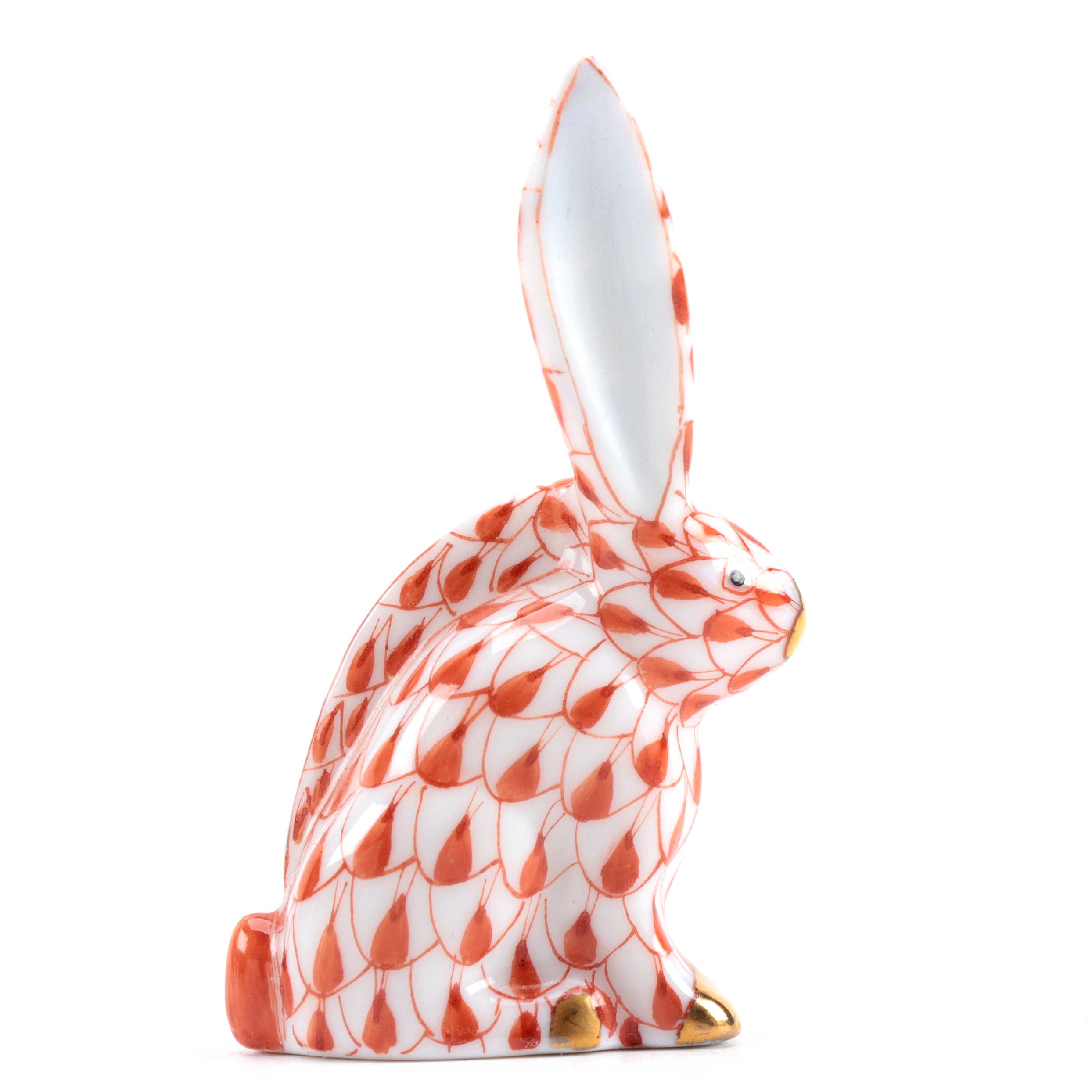 Herend Rust Fishnet "Miniature Rabbit with One Ear Up" Porcelain Figurine