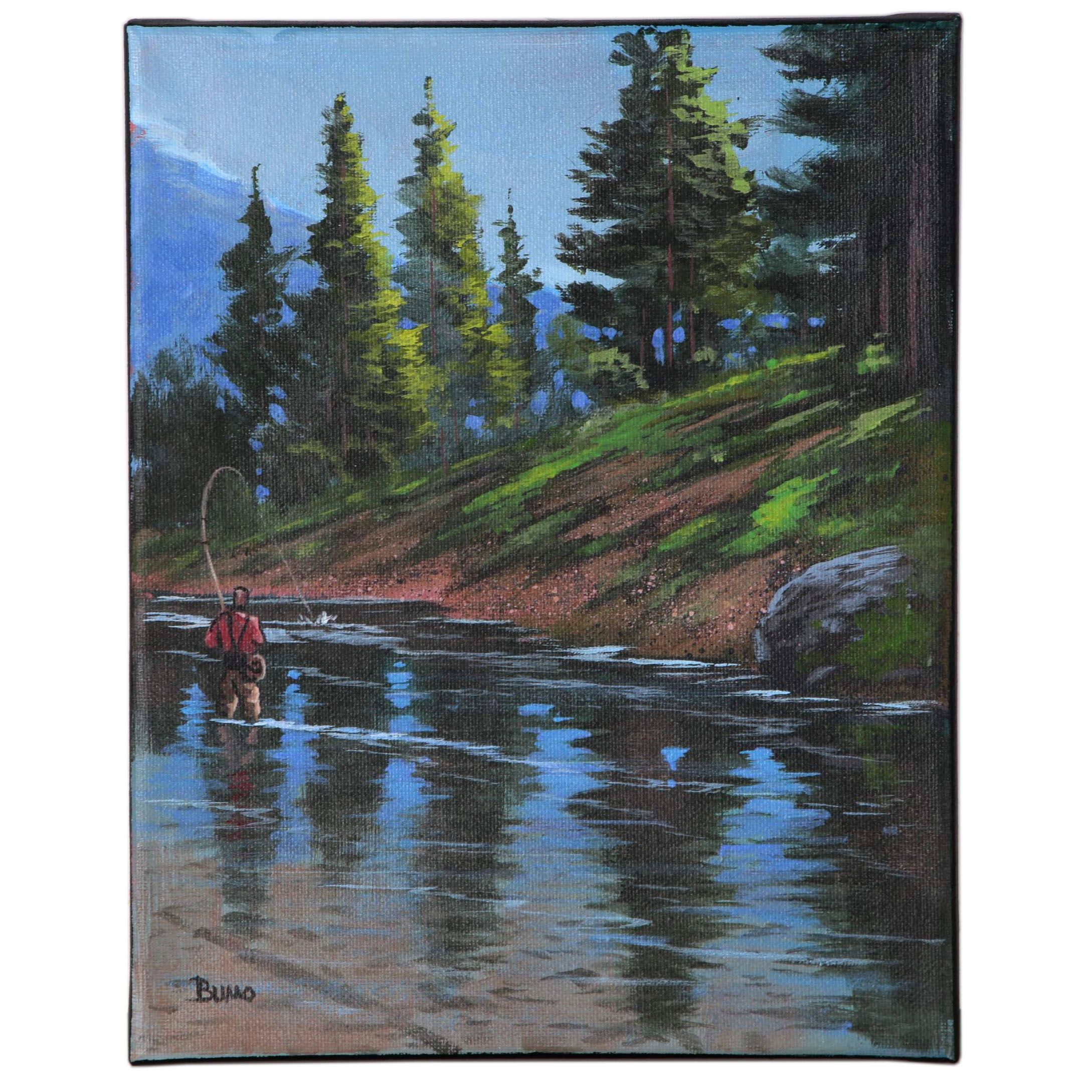 Douglas “Bumo” Johnpeer Landscape Oil Painting "First Cast"