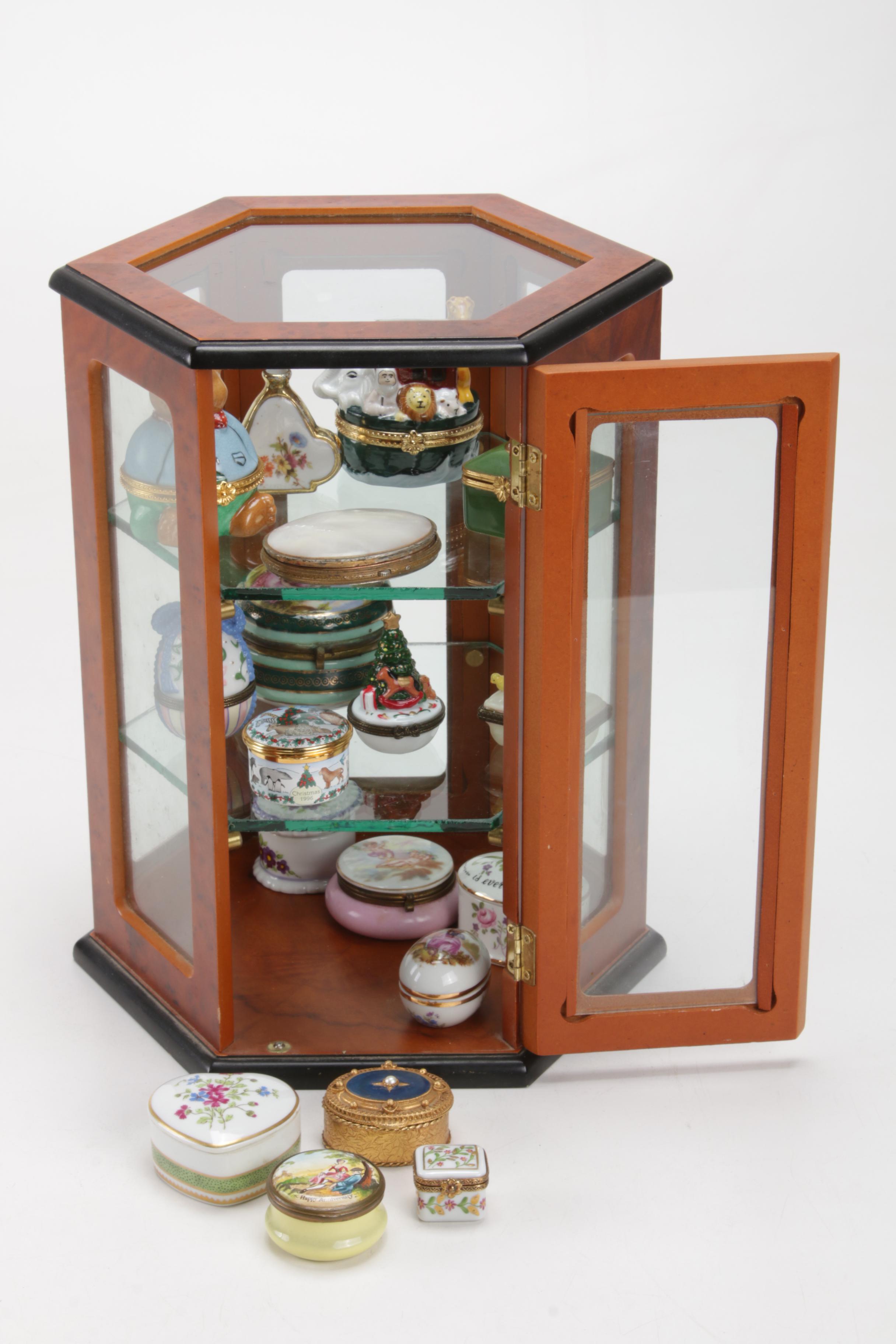 Limoges, Halcyon Days, Haviland and Other Trinket Boxes in Display Case