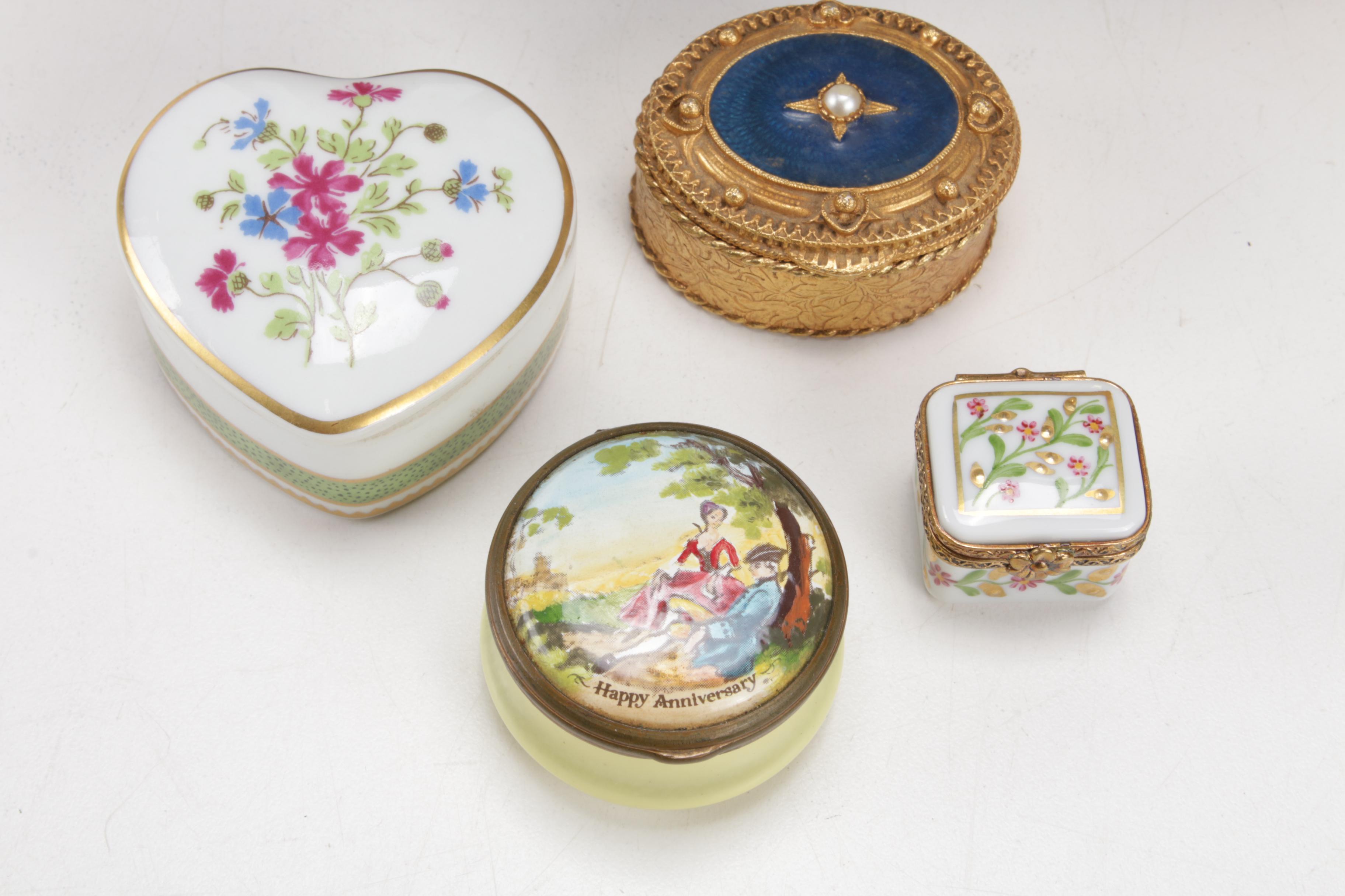 Limoges, Halcyon Days, Haviland and Other Trinket Boxes in Display Case